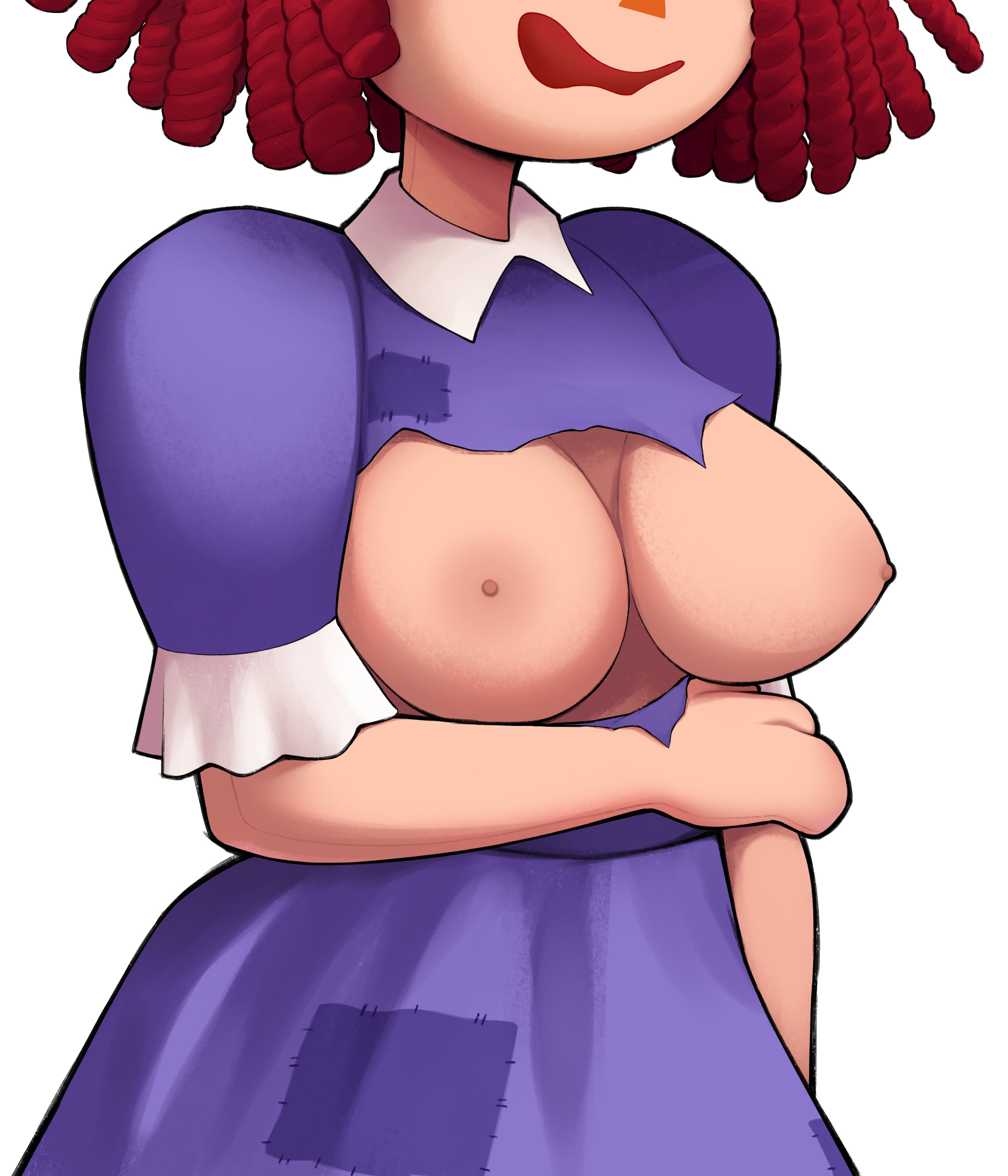 1girls, big breasts, breasts, breasts out, female, female only, nipples, ragatha, ragatha (the amazing digital circus), ragdoll, red hair, simple background, solo, solo female, solo focus, tadc, the amazing digital circus, torn clothes, torn clothing, triplestabber, white background