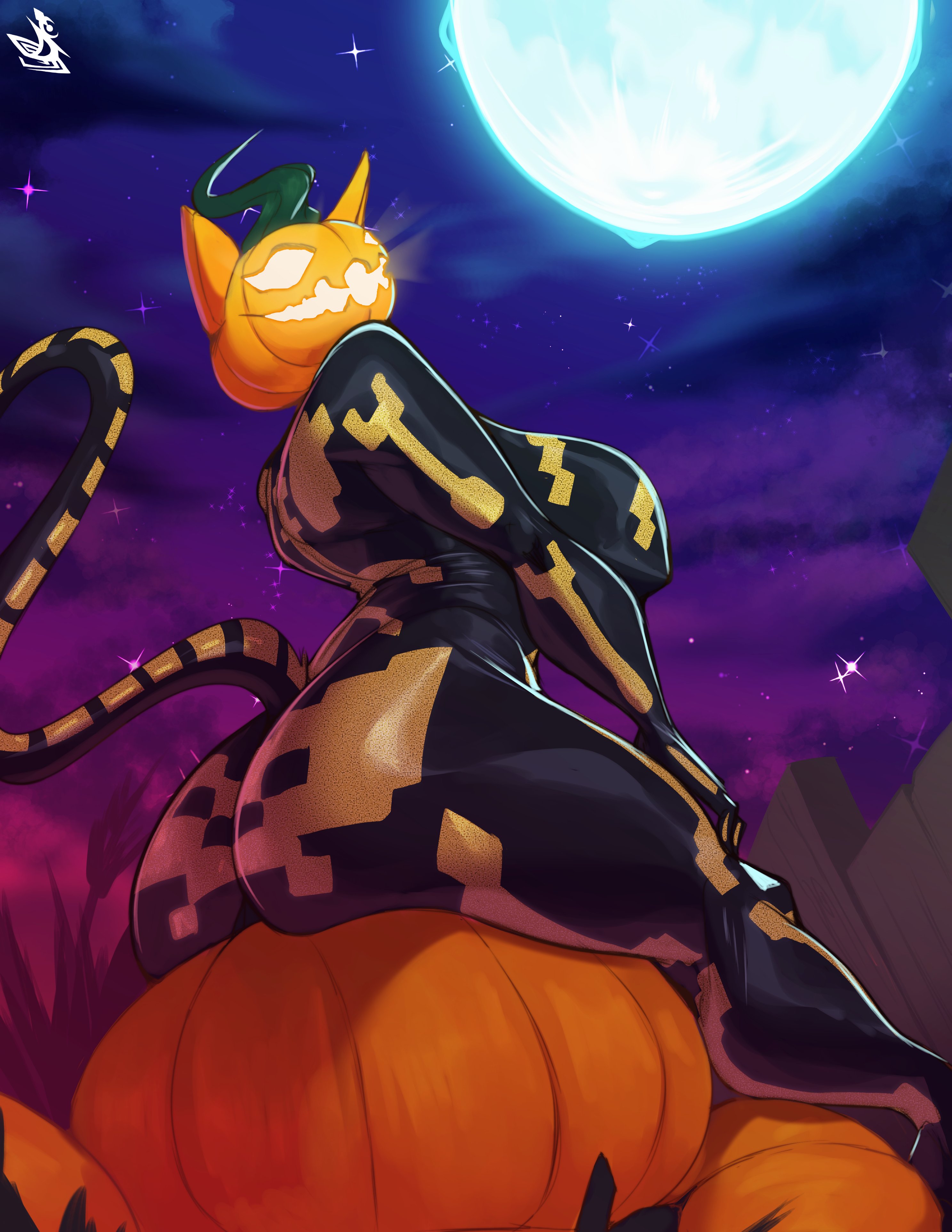 1girls, absurd res, ass, big breasts, bodysuit, cat ears, cat tail, dustyjcircus, epic games, felid, feline, female, female only, for a head, fortnite, fortnitemares, full moon, huge ass, huge breasts, kinktober, looking at viewer, outdoors, pumpkin, pumpkin head, sitting, spice (fortnite), tail, thick ass, thick thighs