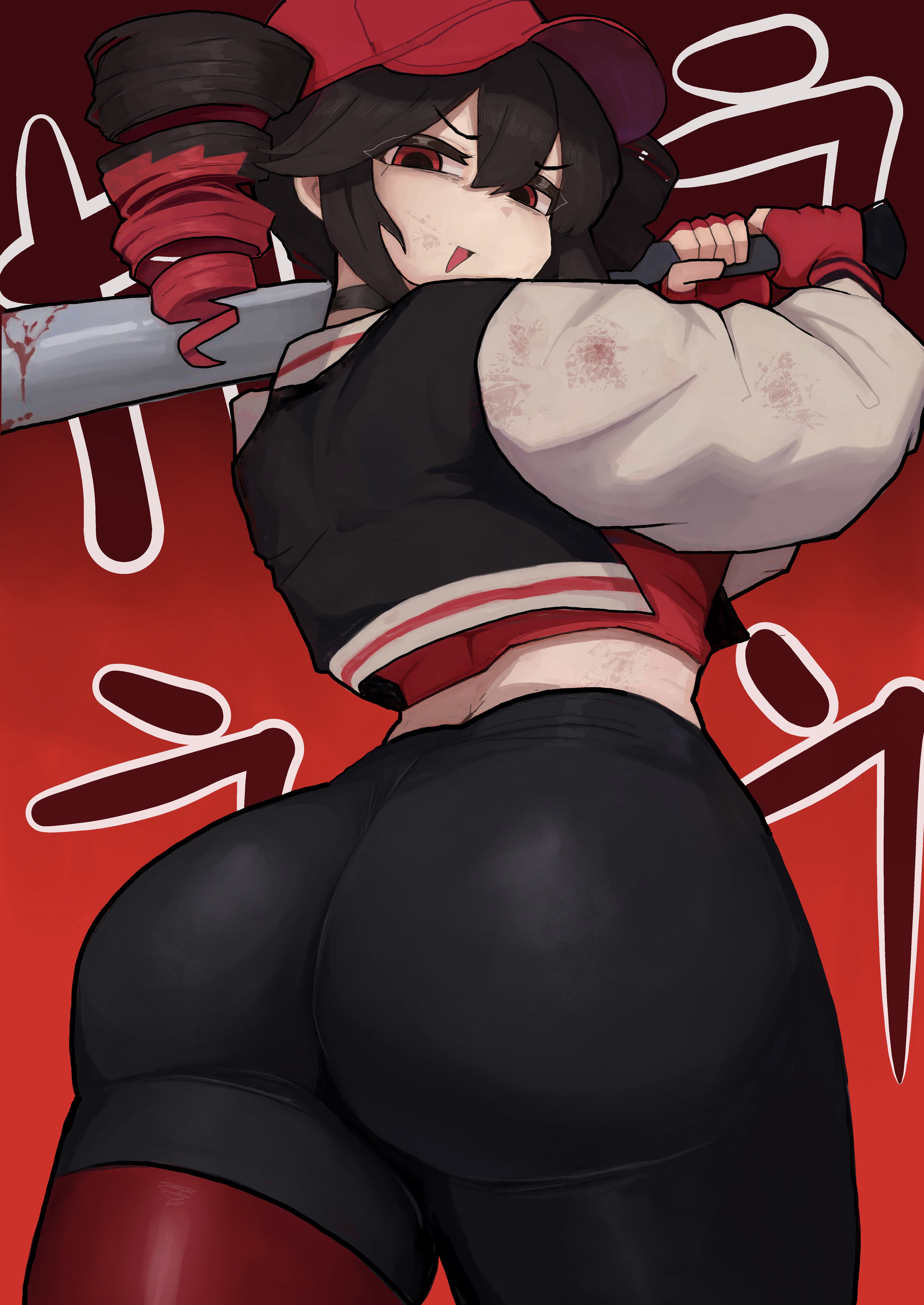 1girls, 2d, 2d (artwork), alternate hair color, ass, ass focus, back, back view, baseball bat, baseball cap, baseball uniform, big ass, big thighs, black hair, blood, blood stain, bubble butt, cap, choker, clothed, clothed female, clothing, crop top, cropped jacket, curvaceous, curvy, curvy female, curvy figure, exposed belly, eyelashes, fat ass, fat thighs, female, female only, from behind, fully clothed, gloves, gluteal fold, hat, hips wider than shoulders, holding object, hourglass figure, huge ass, huge thighs, jacket, kasane teto, kasane teto (sv), kim somang, large ass, large thighs, leggings, looking at viewer, looking back, low-angle view, multicolored hair, mv character, open mouth, pale skin, pale-skinned female, plump, plump ass, plump thighs, red eyes, red hair, round ass, shiny ass, shiny clothes, shiny pants, simple background, skin tight, skin tight pants, slim waist, smug, smug face, soft ass, solo, solo female, synthesizer v, thick ass, thick thighs, thighs, tight clothing, tight leggings, tight yoga pants, twin drills, two-tone hair, utau, vocaloid, voluptuous, voluptuous female, wide hips, yararara (synthesizer v), yoga pants