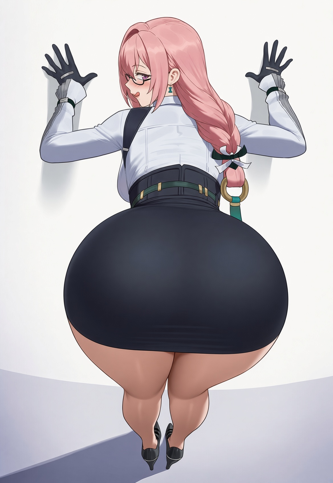 1female, 1girl, 1girls, 2d, 2d (artwork), 2d artwork, against surface, alternate outfit, artist request, ass, ass bigger than head, ass focus, beautiful woman, belt, belted skirt, bent over, big ass, big boobs, big butt, big tits, black gloves, black skirt, bleood, blush, blushing, blushing at viewer, blushing female, boobs, breasts, bubble ass, bubble butt, butt, doggy style, doggystyle, ear piercing, ear ring, earrings, flirting, flirting with viewer, glasses, gloves, hair ornament, hair tied, hands on wall, heels, hi res, high heels, high quality, high resolution, hoyoverse, huge ass, large ass, long hair, long sleeves, looking at viewer, looking back, looking back at viewer, mature woman, mihoyo, mihoyo technology (shanghai) co. ltd., milf, mommy, pink eyes, pink hair, skirt, solo, solo female, solo focus, teasing, thick ass, thick thighs, tied hair, tight skirt, tits, tongue, tongue out, tsukishiro yanagi, voluptuous, voluptuous milf, white shirt, zenless zone zero