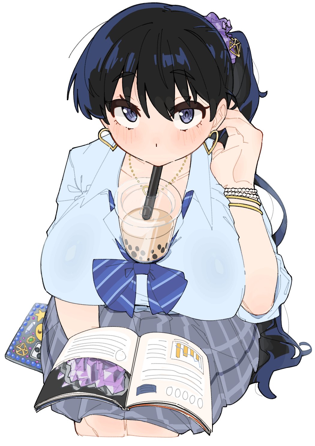 1girls, adjusting hair, arato nagi, artist request, black eyes, black hair, blue bow, blue bowtie, blue eyes, blue shirt, blush, bow, bowtie, bracelet, breasts, bubble tea challenge, cleavage, commentary, curvy, dress shirt, drinking straw, earrings, from above, gyaru, hair behind ear, hair between eyes, hair ornament, hair scrunchie, hand up, heart, heart earrings, highres, holding, holding magazine, jewelry, kogal, large breasts, legs together, light blush, long hair, long sleeves, looking at viewer, magazine (object), miniskirt, necklace, official alternate costume, official alternate hairstyle, plaid clothes, plaid skirt, ponytail, purple scrunchie, ruri no houseki, school uniform, scrunchie, shirt, simple background, sitting, skirt, sleeves rolled up, straight hair, striped bow, striped bowtie, striped clothes, untranslatable commentary, white background, yurie mouth