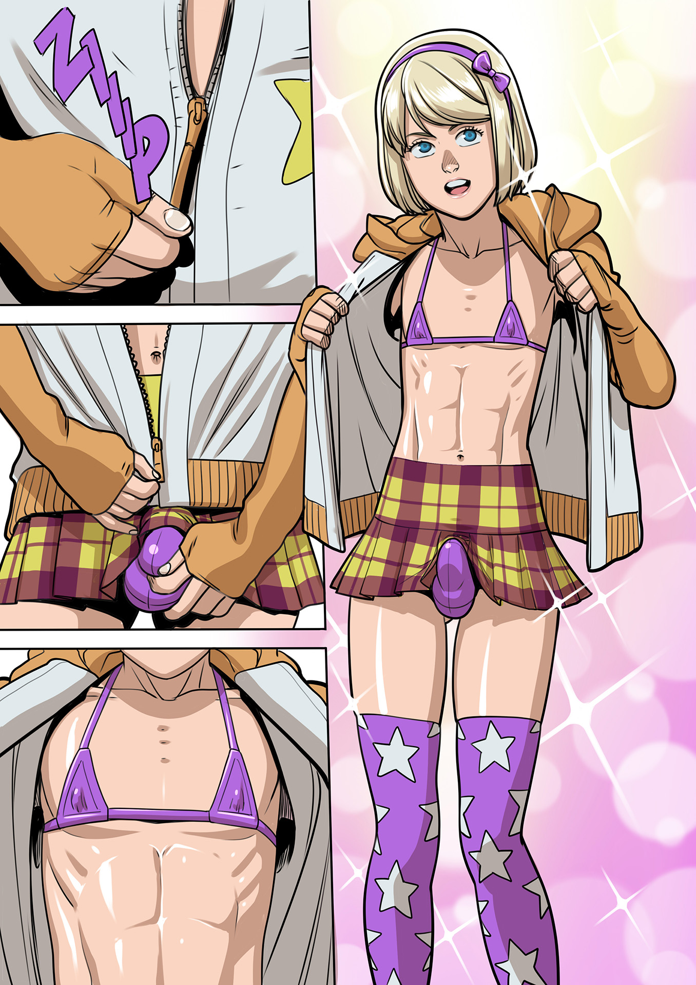 2boys, abs, androgynous, balls, balls in panties, bikini, blonde hair, blue eyes, comic, crossdressing, ethan (tekuho), femboy, gay, girly, hair ribbon, light skin, light-skinned femboy, light-skinned male, male, male only, penis, penis in panties, penis under skirt, prostitute, prostitution, slutboy, slutty boys, tagme, tekuho, trap, unzipping, yaoi, zipper