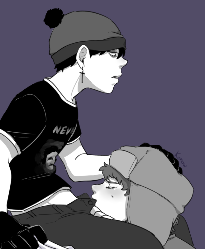 2boys blowjob blush comedy_central cross_earrings deepthroat ear_piercing earrings fellatio gay greyscale hand_on_head hat kyle_broflovski male/male male_only monochrome multiple_boys oral purple_background sitting south_park stan_marsh viacom yaoi young