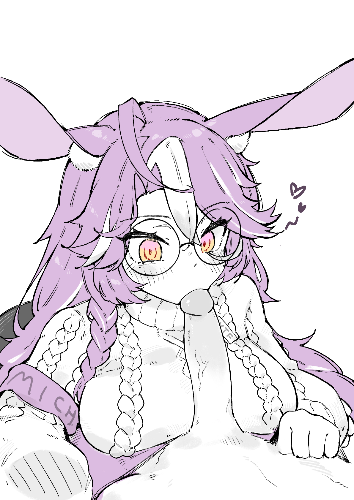 1boy1girl, 1girl1boy, big penis, blowjob, bluenerd8, bunny ears, clothed female, clothed female nude male, clothed sex, erection, fully clothed female, glasses, heart symbol, hi res, high resolution, highres, indie virtual youtuber, indie vtuber, looking at penis, looking down, male pov, michi mochievee, nude male, penis, penis in mouth, pov, pov male, purple hair, rabbit ears, sucking penis, sucking tip, sweater, virtual youtuber, vtuber, vtuberfanart, yellow eyes