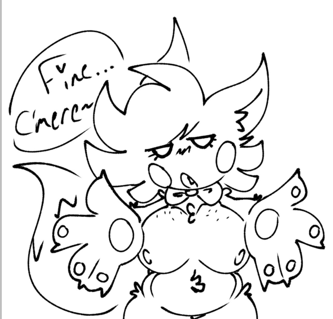 arms out, boobs, bowtie, chubby, dialogue, five nights at freddy's, five nights at frickbears, five nights at frickbears 3, fur, furry, jokinjelly, lolbit (fnaf), lolbit (frickbears), monochrome, nude, paws, solo, tail