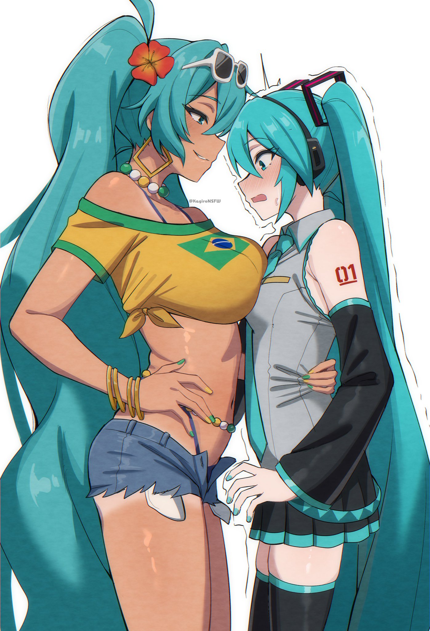 2d, 2girls, assertive female, big breasts, blue eyes, blue hair, blushing, brazilian female, brazilian miku, breast press, breast size difference, clothed, dark-skinned female, embarrassed female, hatsune miku, holding waist, imminent sex, kagironsfw, lezdom, light-skinned female, looking at breasts, selfcest, size difference, skirt, taller female, thong, vocaloid, white background, yuri