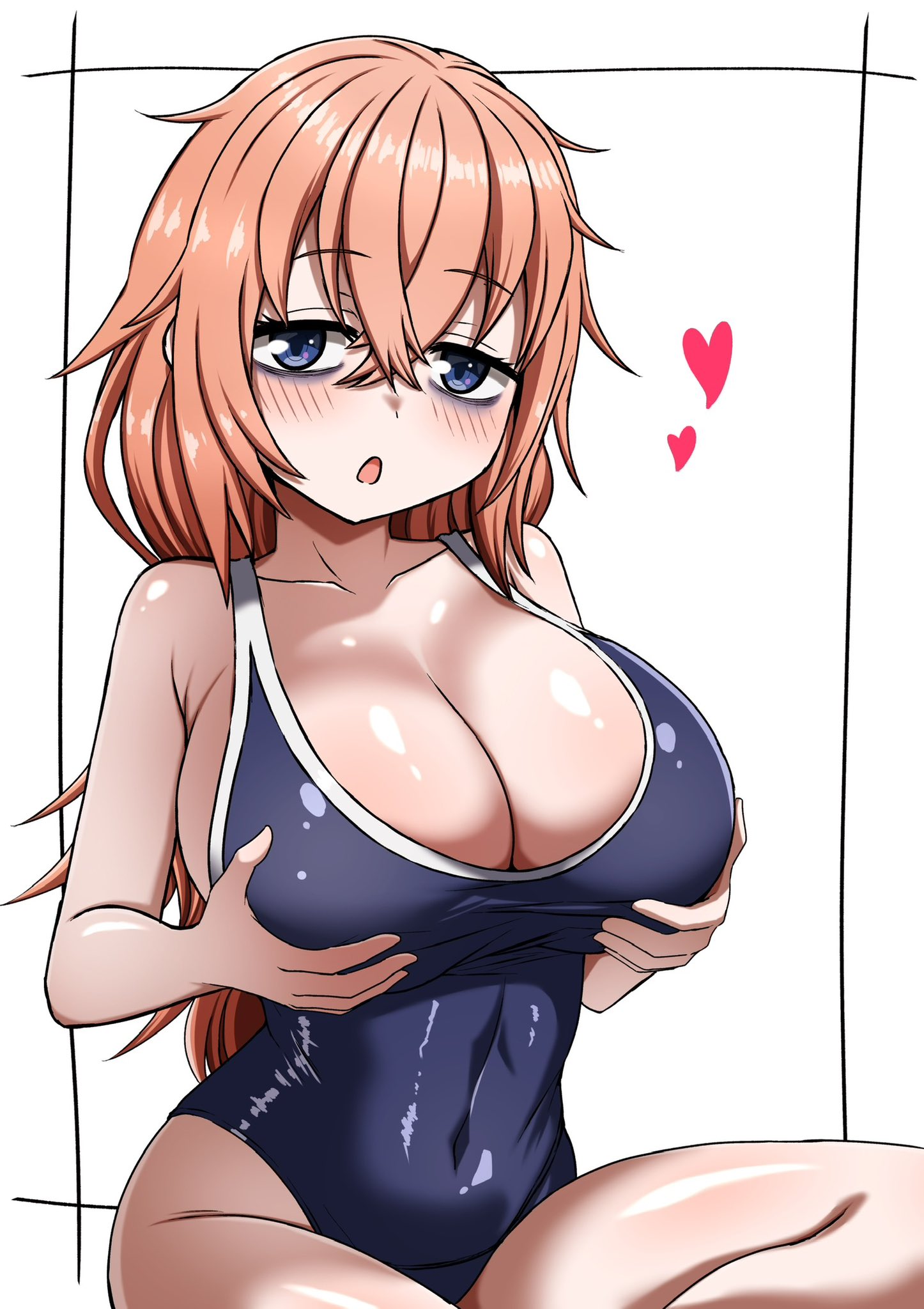 :o, bags under eyes, blush, cleavage, figure four sitting, grabbing own breast, heart, heart reaction, huge breasts, michinoku komaro, one-piece swimsuit, seitokai nimo anawa aru!, sitting, swimsuit