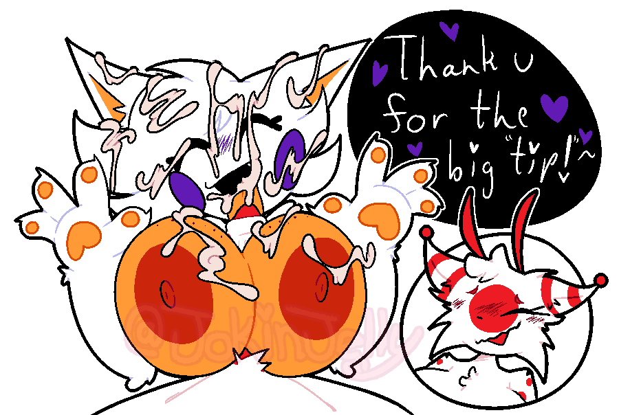 blushing, boobs out, cum in mouth, cum on face, dialogue, finished, five nights at freddy's, five nights at frickbears, futanari, happy, jokinjelly, lolbit (fnaf), lolbit (frickbears), paws, penis, relieved, titjob