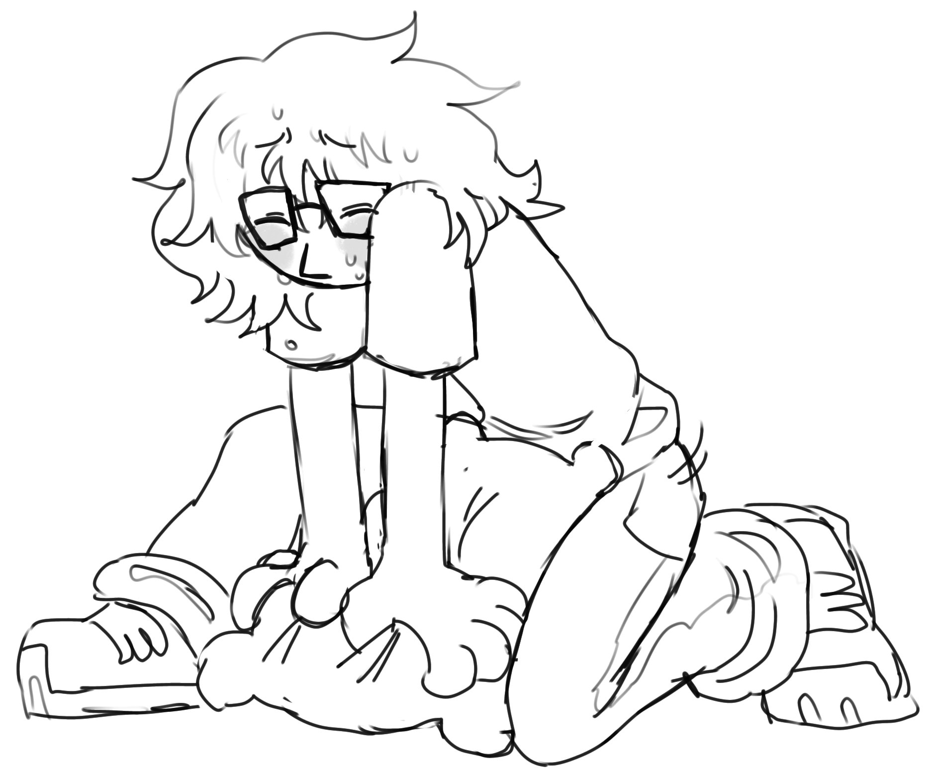 1other, ambiguous genitalia, artist request, blush, blushing, clothed, clothed masturbation, dry humping, fact attack adventures, facty (fact attack adventures), glasses, grabbing, grabbing pillow, humping, humping pillow, nonbinary, nonbinary (lore), pillow grab, pillow humping, short hair, sweat, sweatdrop, sweating, tagme