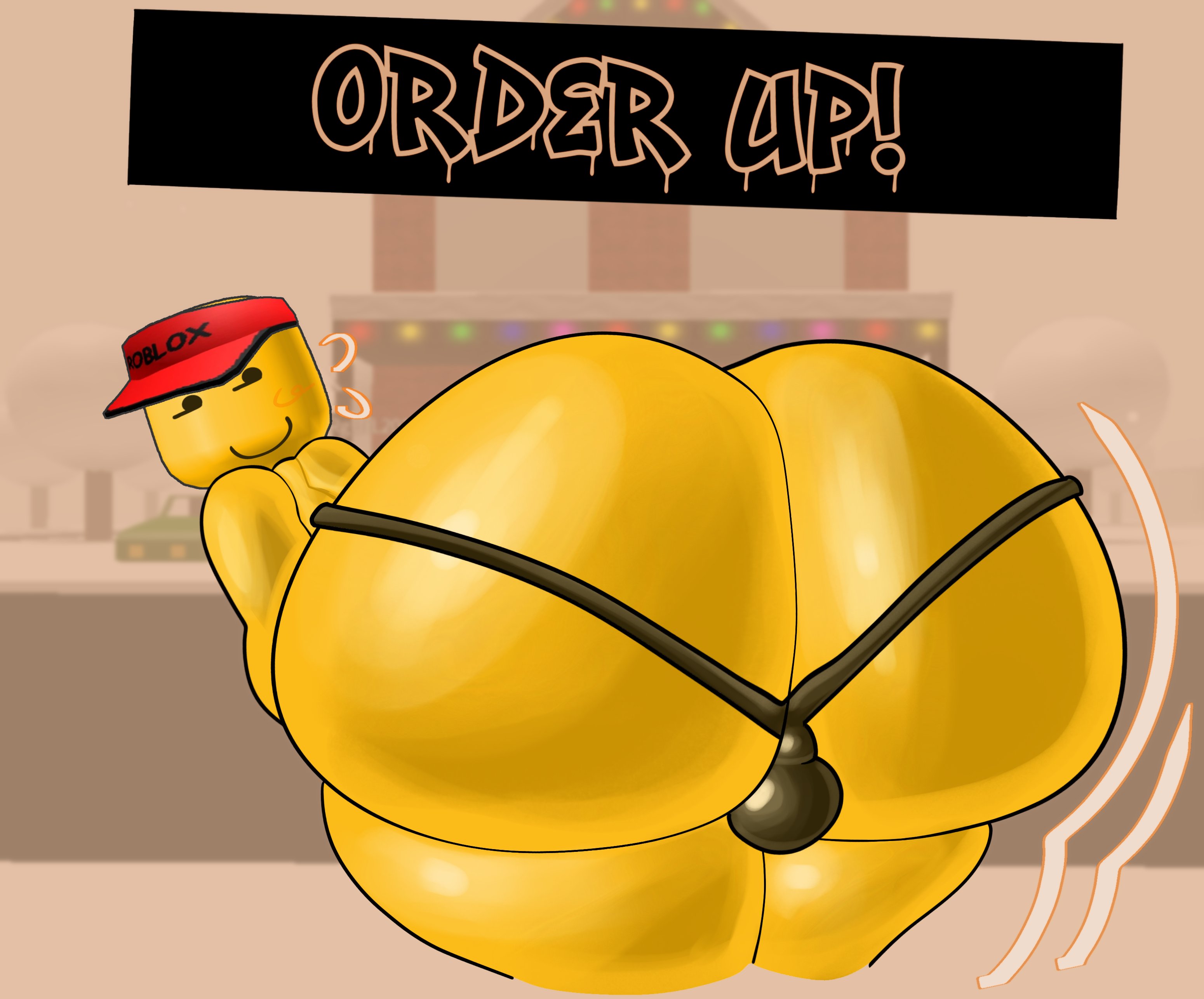 1boy, ass, ass bigger than head, ass focus, back view, backsack, balls, big ass, big butt, blush, bulge, clothing, elliot (work at a pizza place), exclamation point, gaslight engine, glistening, hat, headgear, huge ass, huge butt, looking at viewer, looking back, male, male only, mostly nude, motion lines, precum, presenting hindquarters, roblox, roblox game, robloxian, smile, solo, text, thick thighs, thong, underwear, visor cap, wide hips, work at a pizza place, yellow body, yellow skin