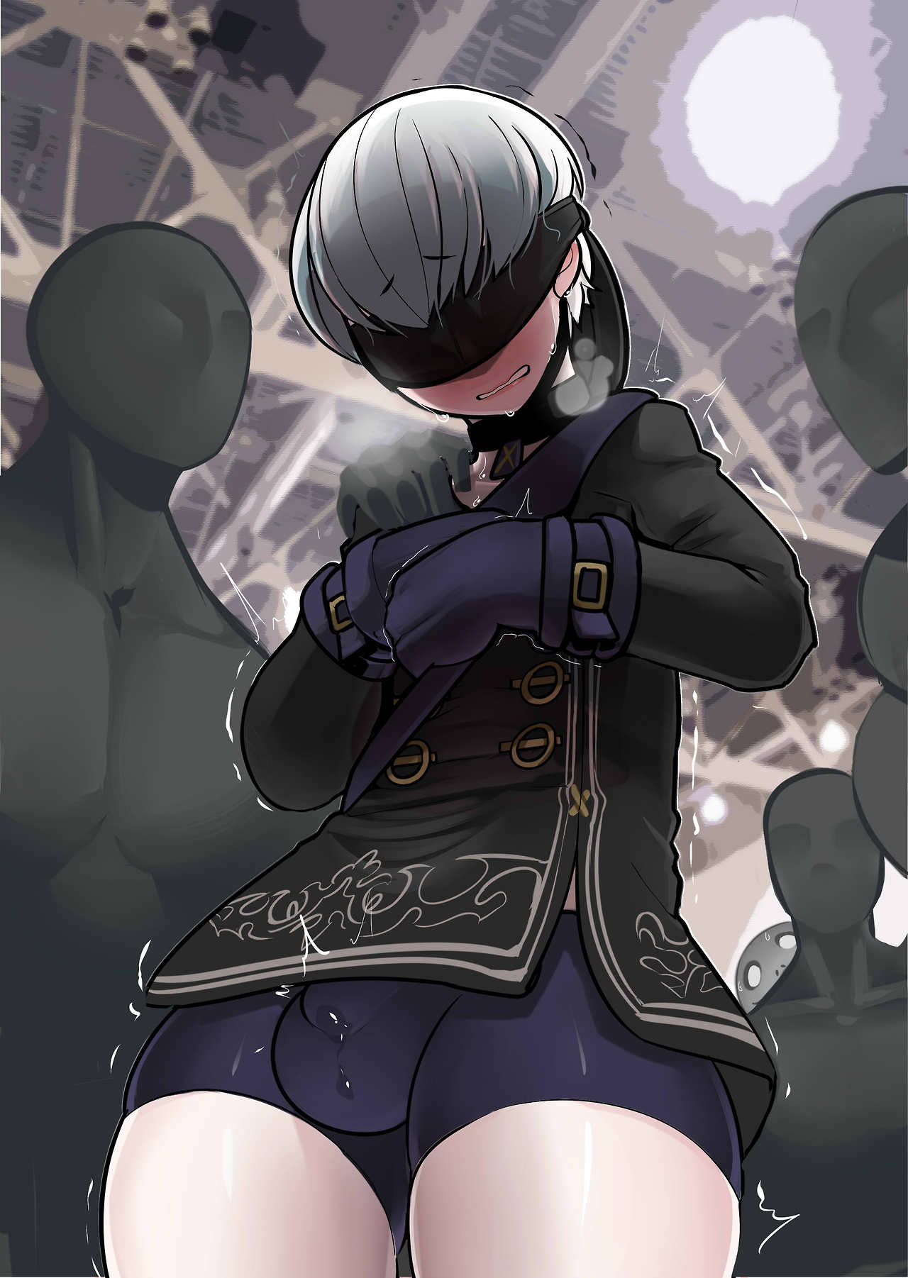 4boys, balls, blush, bulge, faceless male, femboy, girly, krekk0v, male, male focus, male only, nier, nier: automata, penis, penis under clothes, precum, testicles, trap, yorha 9s