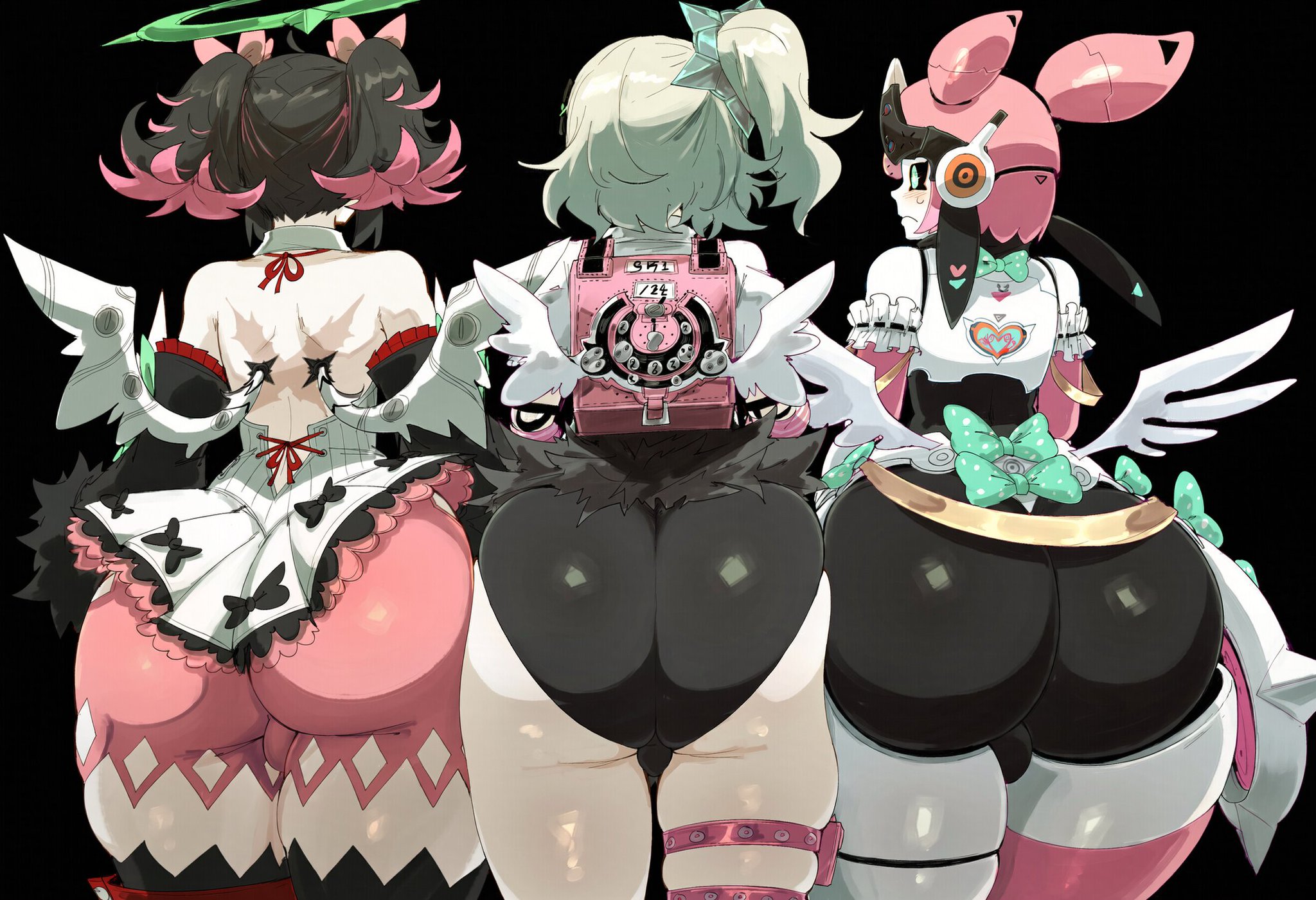 3girls, ai generated, angels of delusion, aria (zenless zone zero), aria (zenless zone zero) (robot form), ass, ass focus, ass press, ass-to-ass, bare shoulders, black hair, blush, bulge, femboy, from behind, genderswap, gradient hair, green hair, grin, hair bow, hair ornament, halo, huge ass, long hair, looking at viewer, looking back, multicolored hair, nangong yu (zenless zone zero), pink hair, scar, short shorts, shorts, sunna (zenless zone zero), sweat, thick thighs, thighhighs, trap, vyakarana27, wings, zenless zone zero
