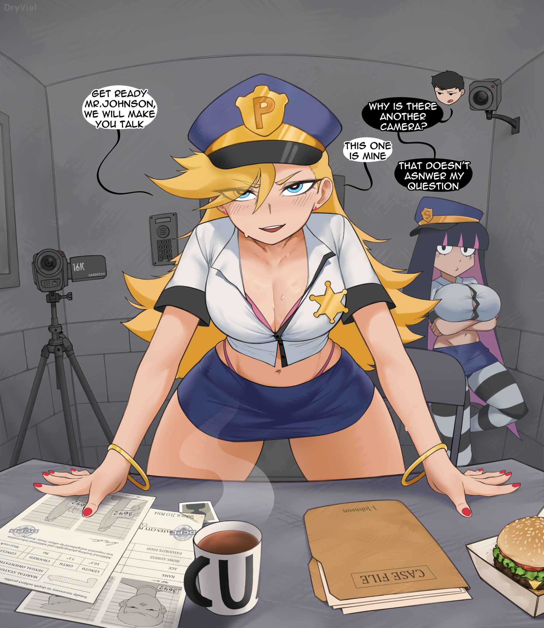 2girls, alternate outfit, amogus, bare arms, bare legs, bare shoulders, bare thighs, beautiful women, big breasts, blonde hair, blue eyes, blue miniskirt, blue skirt, blush, child bearing hips, color, dialogue, dryvial, english text, female, female focus, female only, hi res, imminent sex, large breasts, light skin, light-skinned female, long hair, long nails, male pov, miniskirt, nail polish, oblivious sexualization, panties, panty & stocking with garterbelt, panty anarchy, pink thong, police, police uniform, policewoman, red nails, smug, smug face, stocking anarchy, stockings, text, text bubble, thick thighs, thong, thong above skirt, tight miniskirt, tight skirt, tight thong, unbothered, wholesome