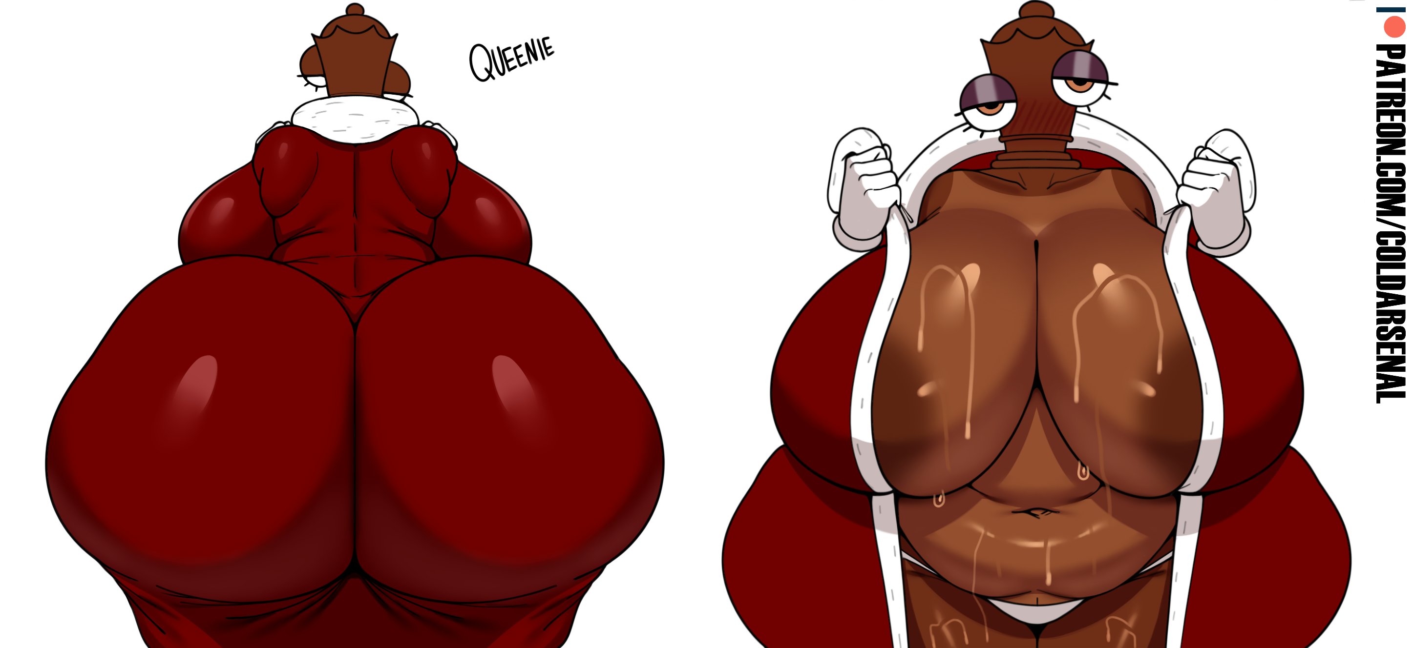 1girl, 1girls, 2d, 2d (artwork), 2d artwork, alternate version at source, alternate version available, anthro, anthro female, anthro only, areola, areolae, ass, belly, big ass, big breasts, black areola, black areolae, blush, blushing, breasts, brown eyes, chess piece, chubby, coldarsenal, colored, colorization, colorized, curvaceous, curvaceous figure, curvy, curvy body, curvy female, curvy figure, dark areola, dark areolae, dark skin, dark-skinned female, edited, erect nipples, female, female focus, female only, from behind, front view, glitch productions, gloves, gonzalo costa, gooseworx, hi res, high quality, high resolution, highres, hips, humanoid, large ass, looking at viewer, massive ass, massive boobs, massive breasts, massive butt, massive thighs, massive tits, multiple views, naked, naked female, navel, open robe, presenting, queenie (the amazing digital circus), red robe, robe, simple background, solo, solo female, solo focus, standing, sweat, sweatdrop, sweating, sweaty, sweaty body, tan lines, the amazing digital circus, thick thighs, thighs, voluptuous, voluptuous body, voluptuous female, wet, wet body, white background, white gloves, wide hips