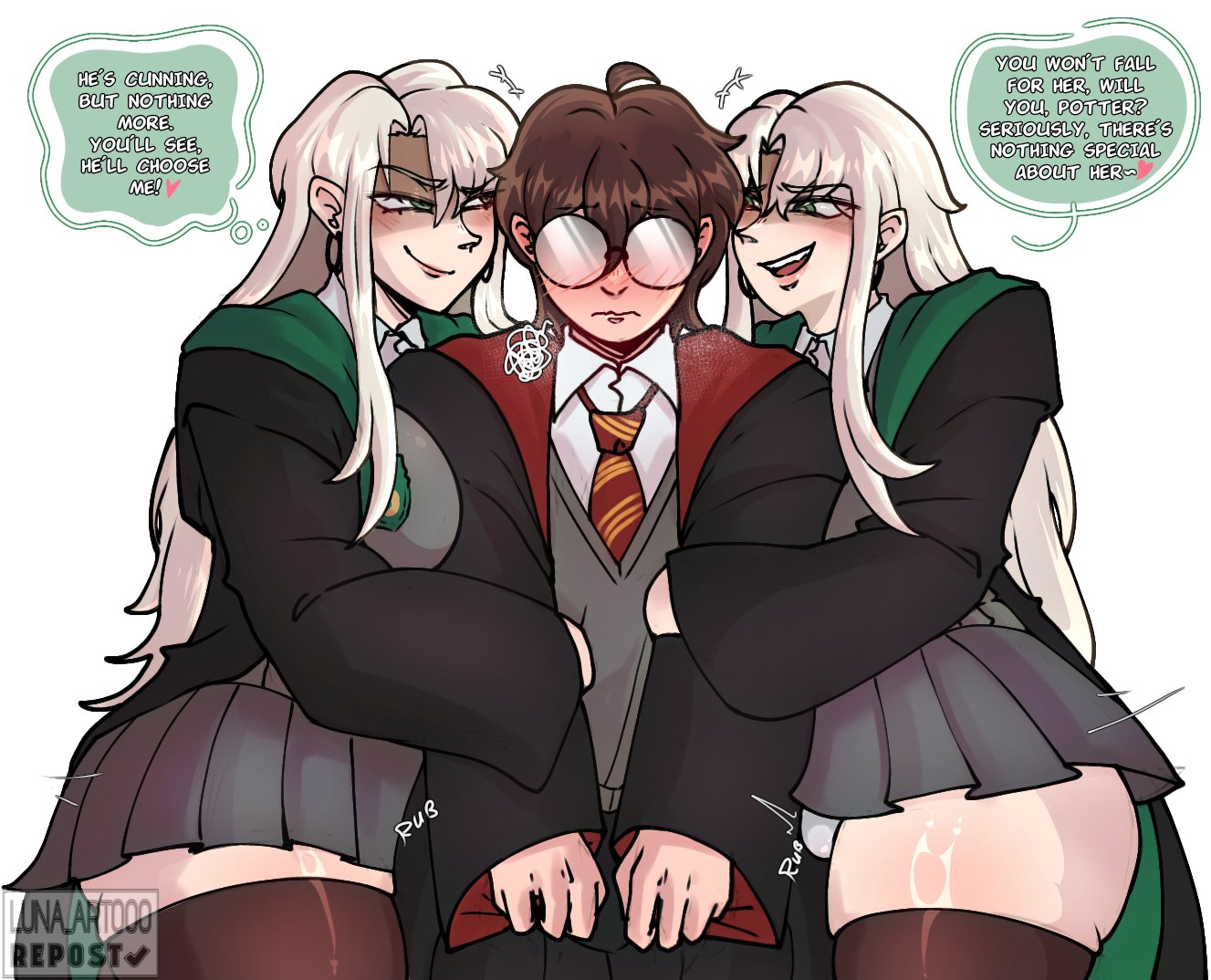 1girls, 2boys, blush, breasts, draco malfoy, draco malfoy (redteneri), dual persona, embarrassed, female, femboy, harry james potter, harry potter, large breasts, light skin, light-skinned male, looking at viewer, luna art000, male, school uniform, skirt, thick thighs, thighhighs, thighs, wide hips