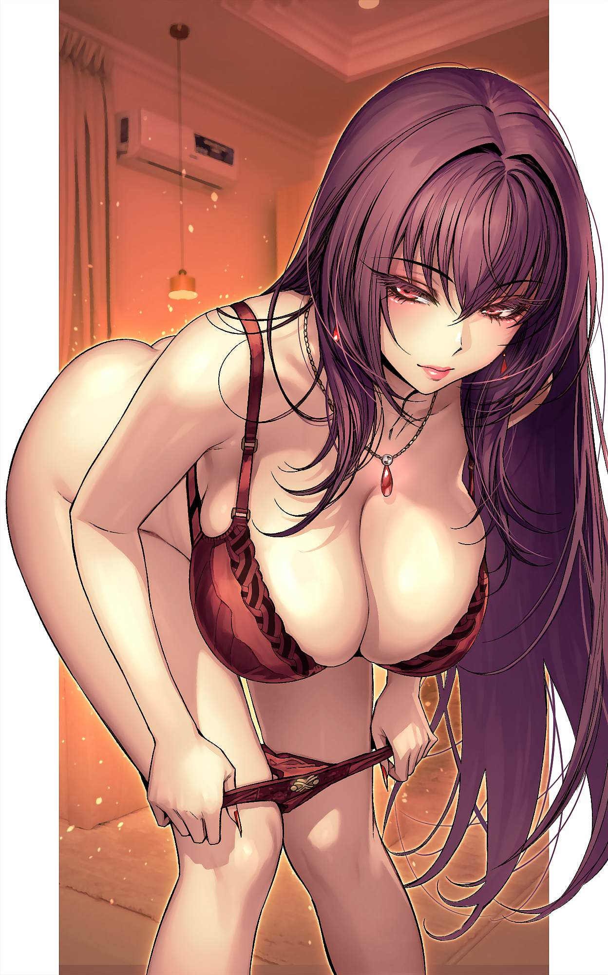 1girls, ass, bent over, breasts, cleavage, curtains, earrings, fate (series), fate/grand order, indoors, large breasts, long hair, panties, panty pull, pendant, purple hair, red eyes, rioliogiz, scathach (fate), underwear