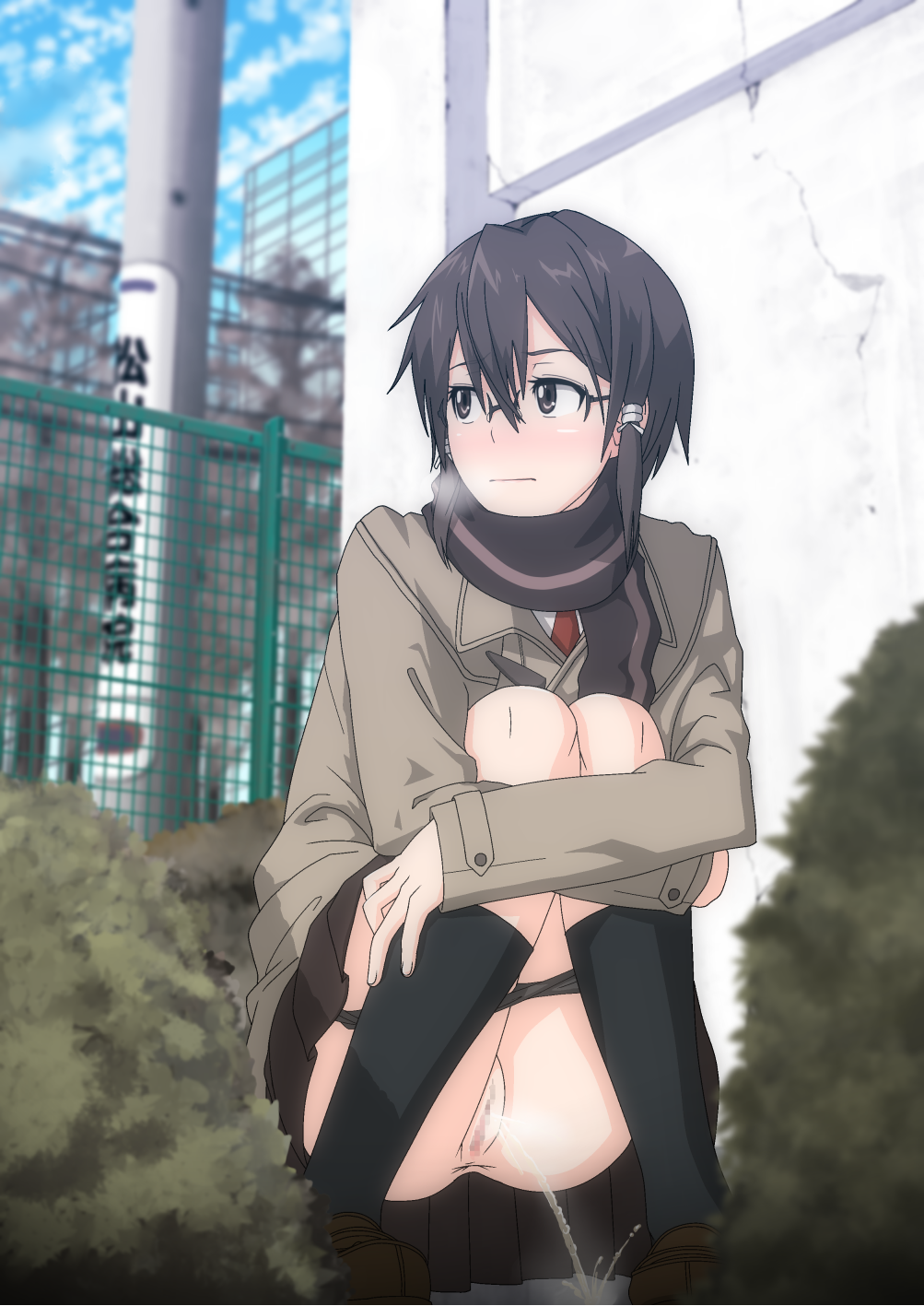 :| asada_shino black_hair black_legwear black_panties blurry blush breath brown_eyes building bush censored closed_mouth crossed_arms day depth_of_field female fence glasses hair_ornament hair_tie highres jacket knees_together_feet_apart loafers looking_to_the_side nose_blush outdoors panties panty_pull peeing pleated_skirt pussy revision scarf school_uniform semi-rimless_glasses shinku_p shoes short_hair sidelocks sinon skirt sky socks squatting sword_art_online sword_art_online:_phantom_bullet underwear urinating urine