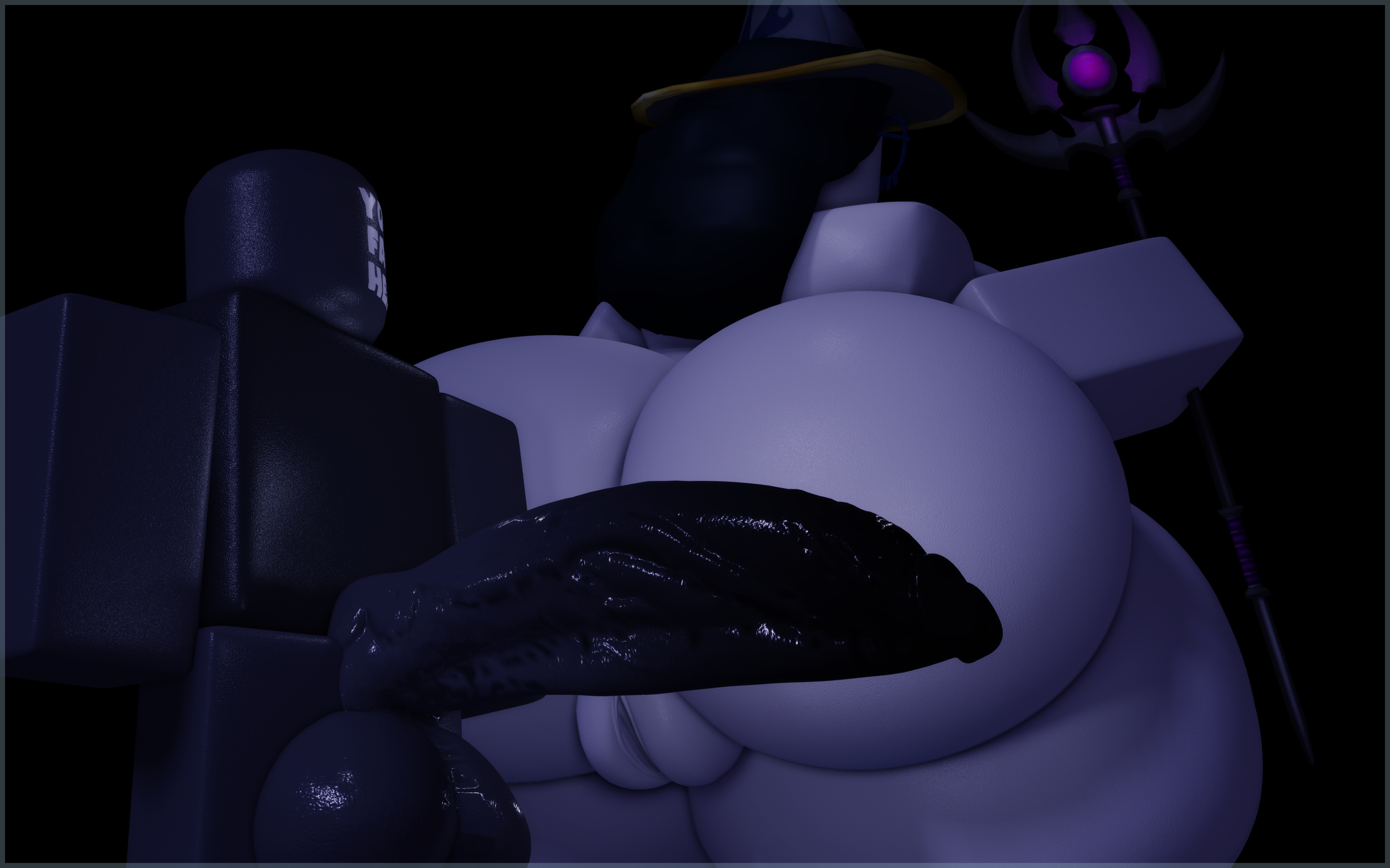 1boy, 1girls, 3d, anon, anonymous male, ass, azuri (block tales), balls, block tales, glistening body, glistening genitalia, glistening skin, hat, huge ass, huge balls, huge cock, hyper penis, kingzeryn87, naked, naked female, penis, pussy, pussy lips, roblox, roblox game, robloxian, staff, thighs