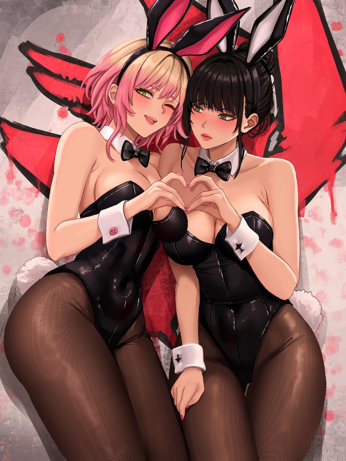 2girls, ace combat, ace combat 8, bangs, black hair, bunny ears, bunnysuit, character request, green eyes, heart symbol, kate evans, mature female, nylon stockings, tagme, tasha severskaya, two-tone hair, yan kodiac