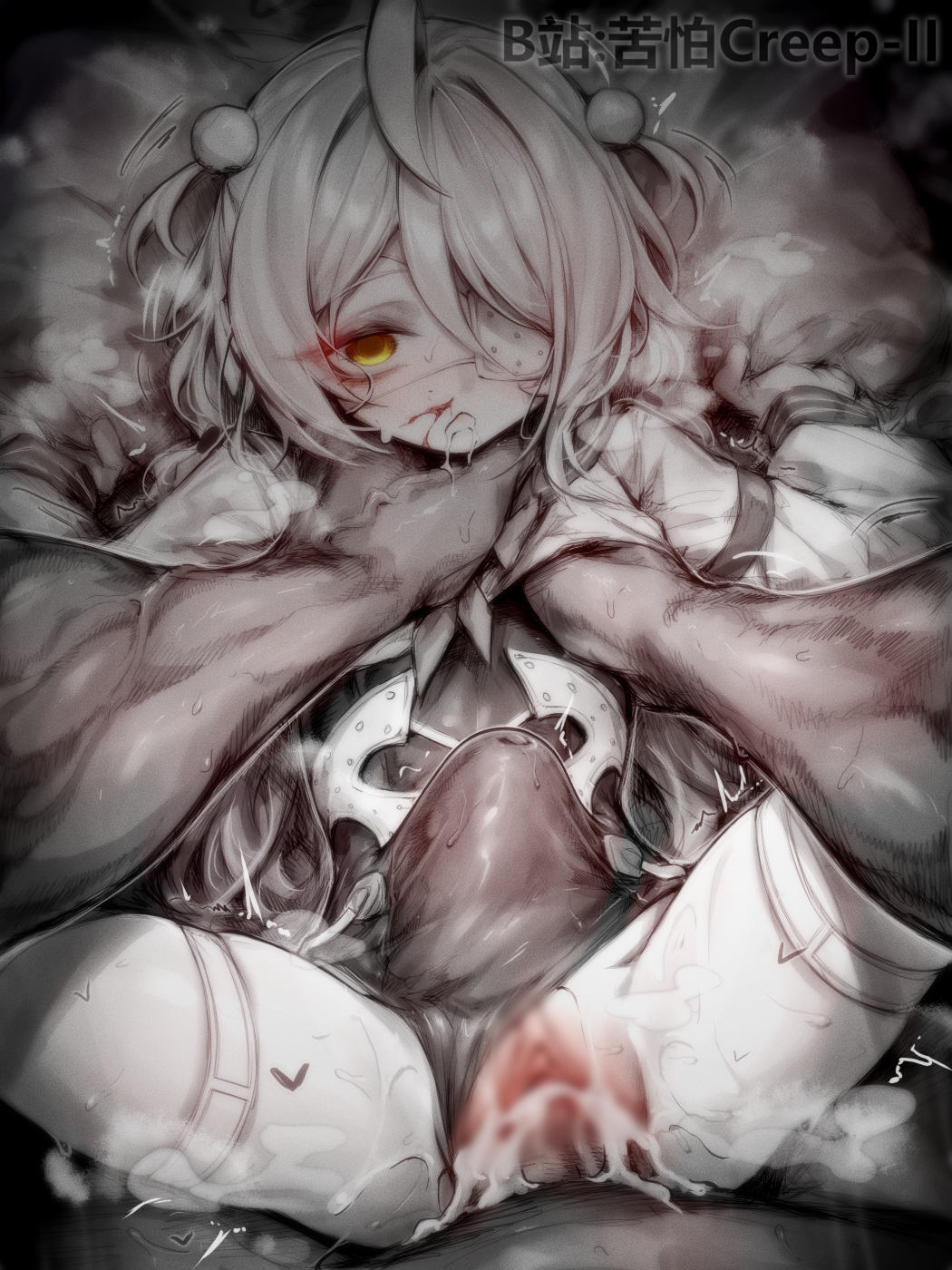 1boy, 1girl, ahoge, asphyxiation, blur censor, blush, censored, commentary request, covered navel, cropped shirt, erection, eyepatch, hair between eyes, hair ornament, heart, highres, kupa (jesterwii), looking at viewer, medical eyepatch, muscular arms, official alternate costume, open mouth, paid reward available, penis, phoenix reffaella, phoenix reffaella (daydream complex), pom pom (clothes), pom pom hair ornament, pov, pov hands, pussy, rough sex, school uniform, serafuku, shirt, stomach bulge, strangling, sweat, swimsuit, swimsuit under clothes, vaginal, white serafuku, yellow eyes, zenless zone zero