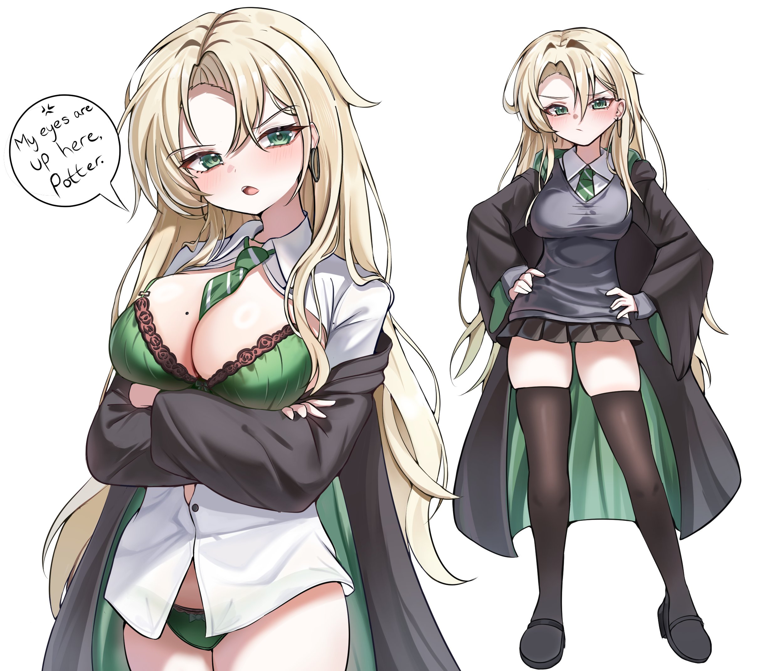 1girls, artist request, breasts, draco malfoy, draco malfoy (redteneri), female, female focus, female only, genderswap, girls, harry potter, hi res, large breasts, light skin, light-skinned female, looking at viewer, rule 63, thick thighs, thighs, wide hips