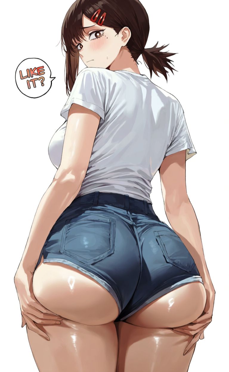 1girls, ai generated, big ass, big breasts, black hair, blush, blush lines, blushing, brown eyes, chainsaw man, curvy, curvy body, curvy female, curvy figure, denim, denim shorts, english, english text, female, female only, hairpin, higashiyama kobeni, kobeni higashiyama, kyoru189, looking at viewer, looking back, looking back at viewer, mature female, shiny, shiny skin, shorts, solo, solo female, t-shirt, text, text bubble