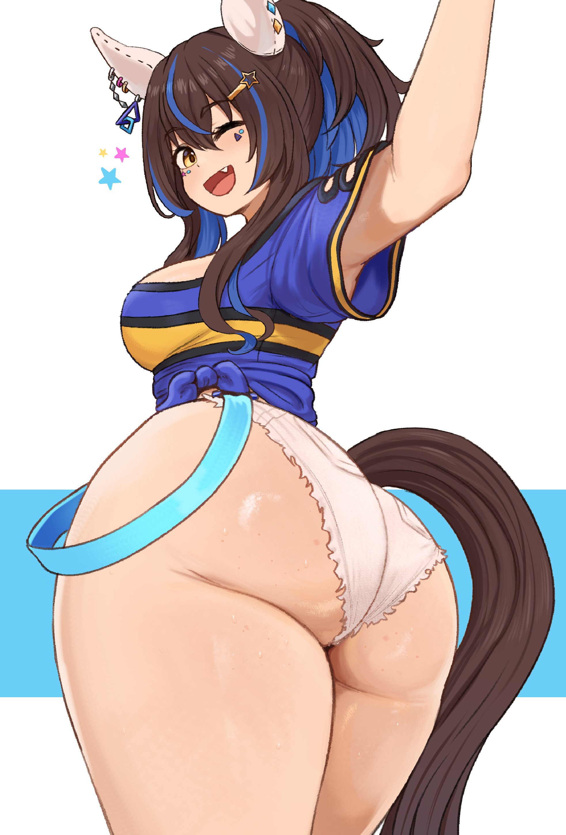1girl, ass, ass focus, blue hair, blue shirt, brikot, brown hair, daitaku helios (umamusume), from behind, horse ears, horse girl, horse tail, huge ass, looking at viewer, looking back, micro shorts, one eye closed, open mouth, pekot, plump thighs, smile, solo, thick thighs, thighs, umamusume, umamusume pretty derby, white shorts