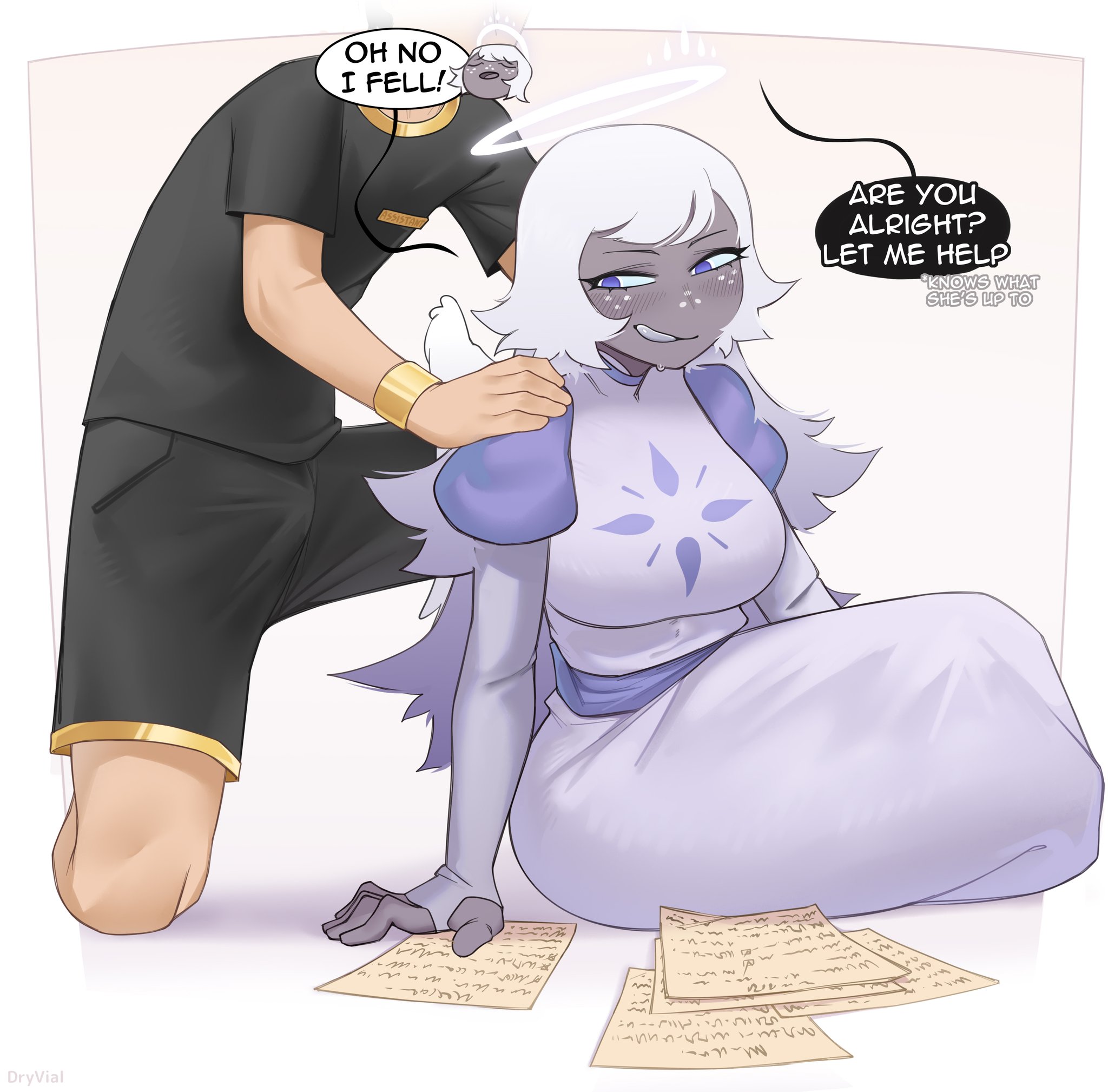 1boy, 1girls, angel, angel girl, aureola, big breasts, blue eyes, bulge, color, dryvial, emily (hazbin hotel), english text, female, halo, hazbin hotel, hi res, large breasts, light skin, light-skinned male, long hair, male, male/female, massage, text, thick thighs, white hair