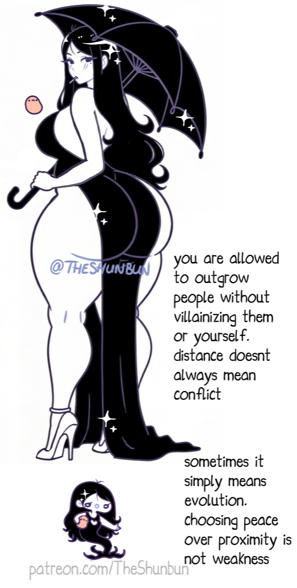 advice, ass visible through clothes, beauty mark, big ass, big booty, big breasts, big butt, black hair, booty, bottom heavy, bubble ass, bubble butt, chibi, child bearing hips, cigarette, cigarette in mouth, curvaceous, curvaceous female, curvaceous figure, curvy, curvy female, curvy figure, dat ass, dress, dumptruck ass, dumptruck butt, emotional support, encouragement, encouraging, encouraging viewer, exposed hips, fat ass, goth, goth girl, gothic girl, heels, high heels, hip cleavage, hourglass figure, hourglass figured female, huge ass, huge butt, kawaii potato, large ass, large breasts, large butt, lasombra, looking at viewer, massive ass, massive butt, motivational, pale skin, pale-skinned female, pelvic curtain, sexy dress, sparkles, tagme, talking to viewer, theshunbun, thicc, thick thighs, umbrella, vampire the masquerade, voluptuous, voluptuous body, voluptuous female, white skin, wholesome, wholesome as fuck, wholesome end, wide hips