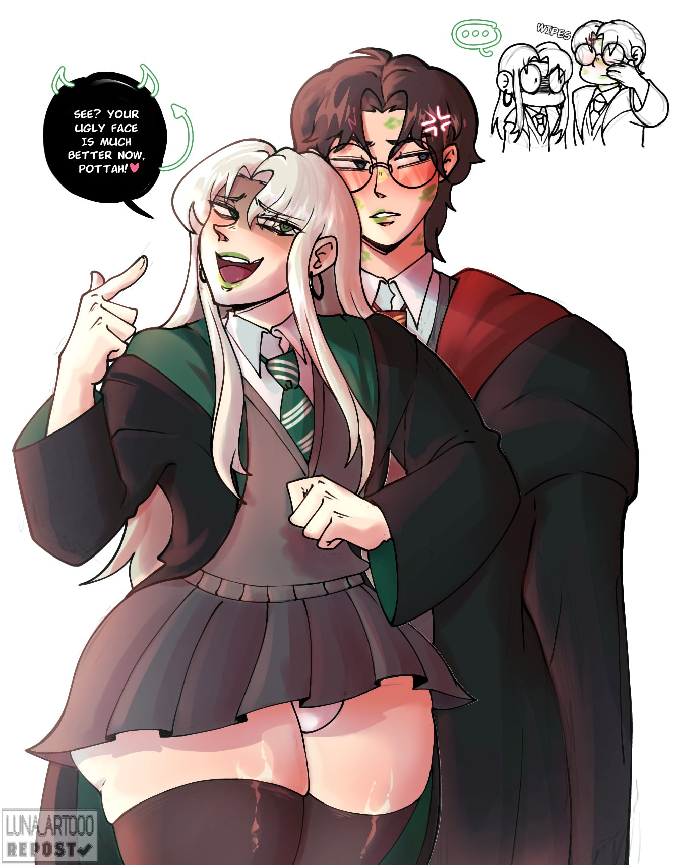 2boys, blush, draco malfoy, draco malfoy (redteneri), femboy, harry james potter, harry potter, light skin, light-skinned male, lipstick, lipstick mark, looking at viewer, luna art000, male, male only, school uniform, skirt, thick thighs, thighhighs, thighs, wide hips