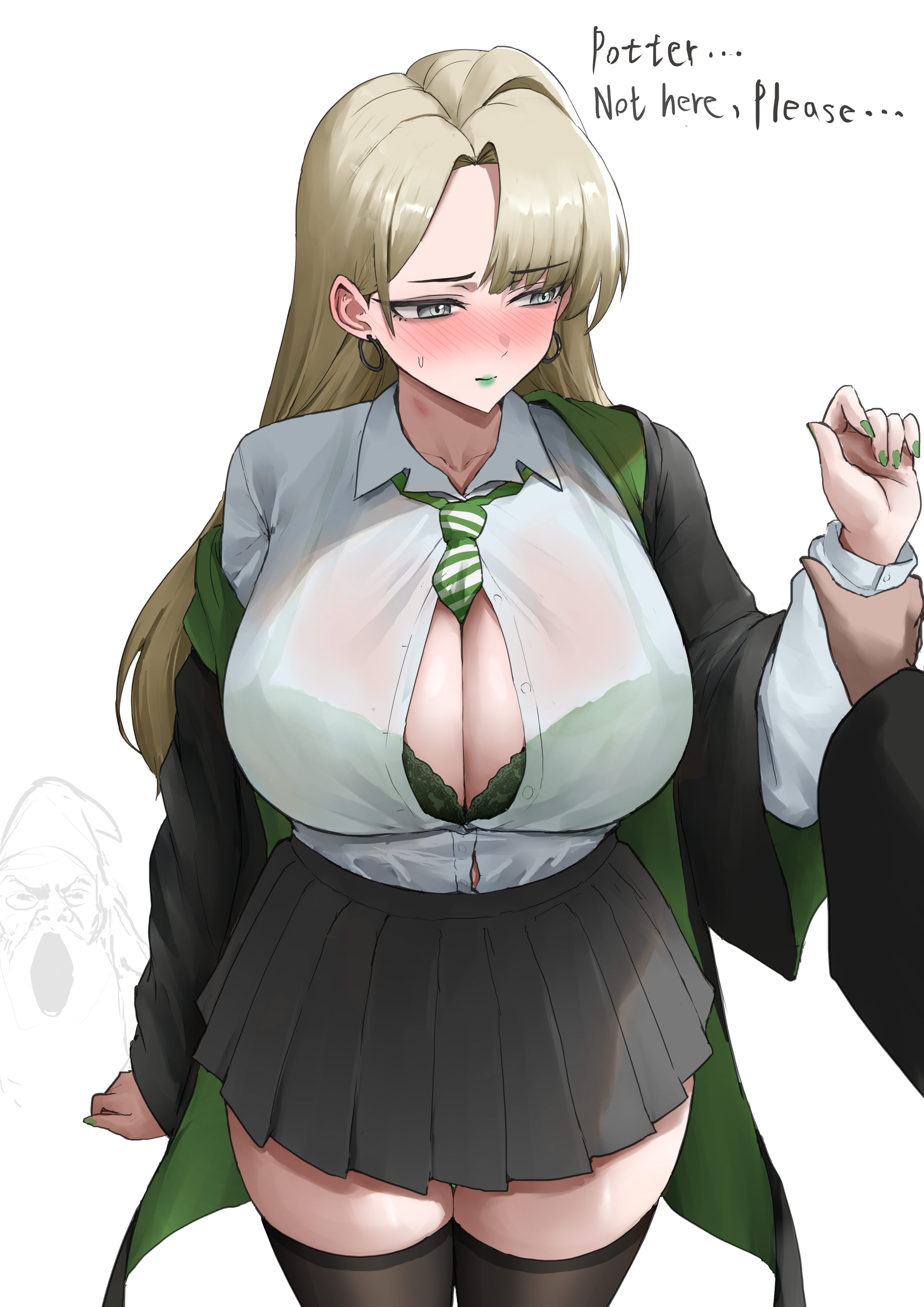 1boy, 1girls, artist request, breasts, draco malfoy, draco malfoy (redteneri), female, female focus, genderswap, harry james potter, harry potter, large breasts, light skin, light-skinned female, looking at viewer, panties, rule 63, school uniform, skirt, thick thighs, thighs, wide hips