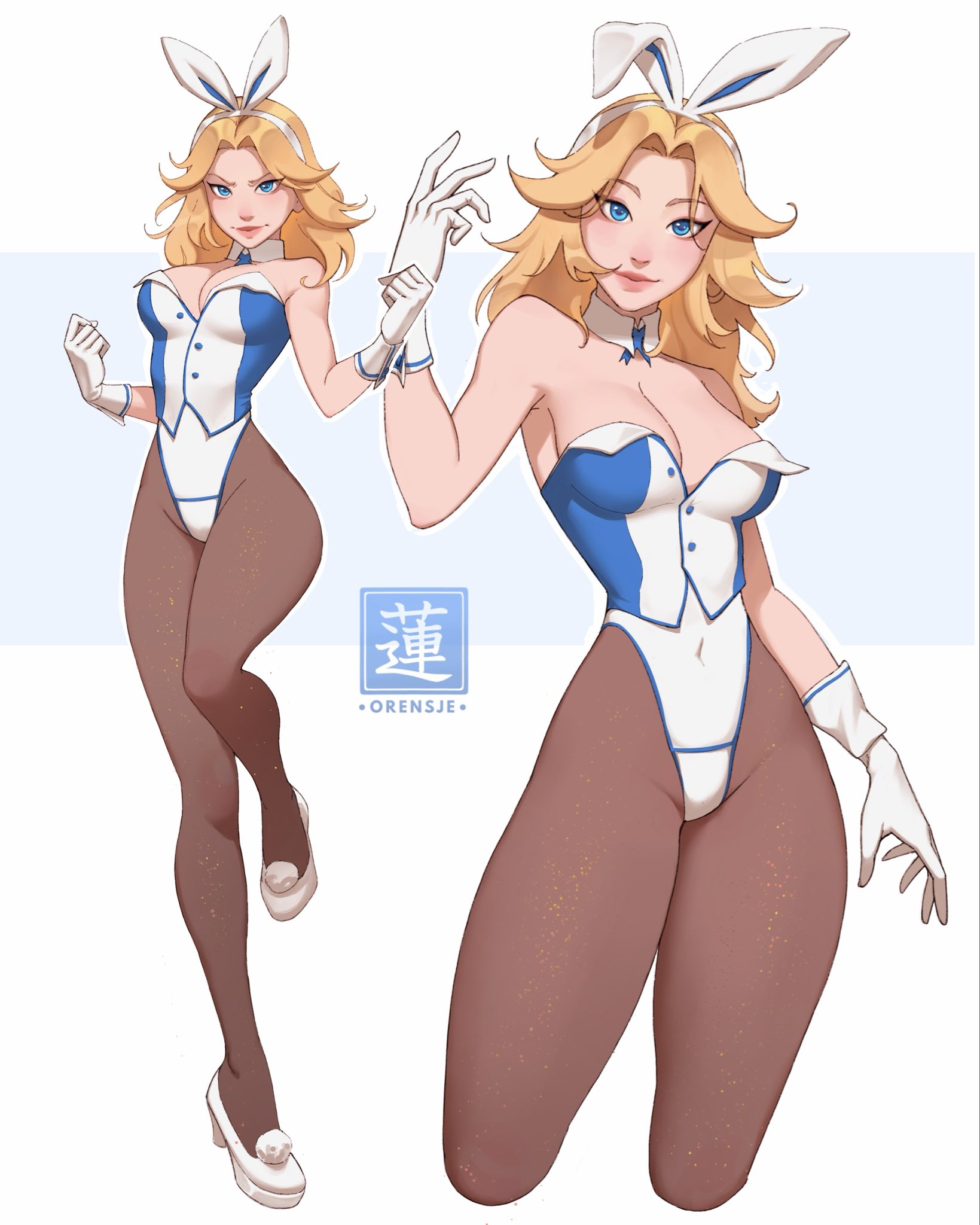 1girls, 2d, artist logo, big ass, blonde hair, blue background, blue leotard, brown pantyhose, bunny ears, bunnysuit, cleavage, cropped legs, female, female only, highleg, highleg leotard, invisible woman, invisible woman (marvel rivals), japanese text, leotard, marvel, marvel rivals, medium breasts, pantyhose, solo, strapless leotard, sue storm, thick thighs, two-tone background, two-tone leotard, white background, white leotard