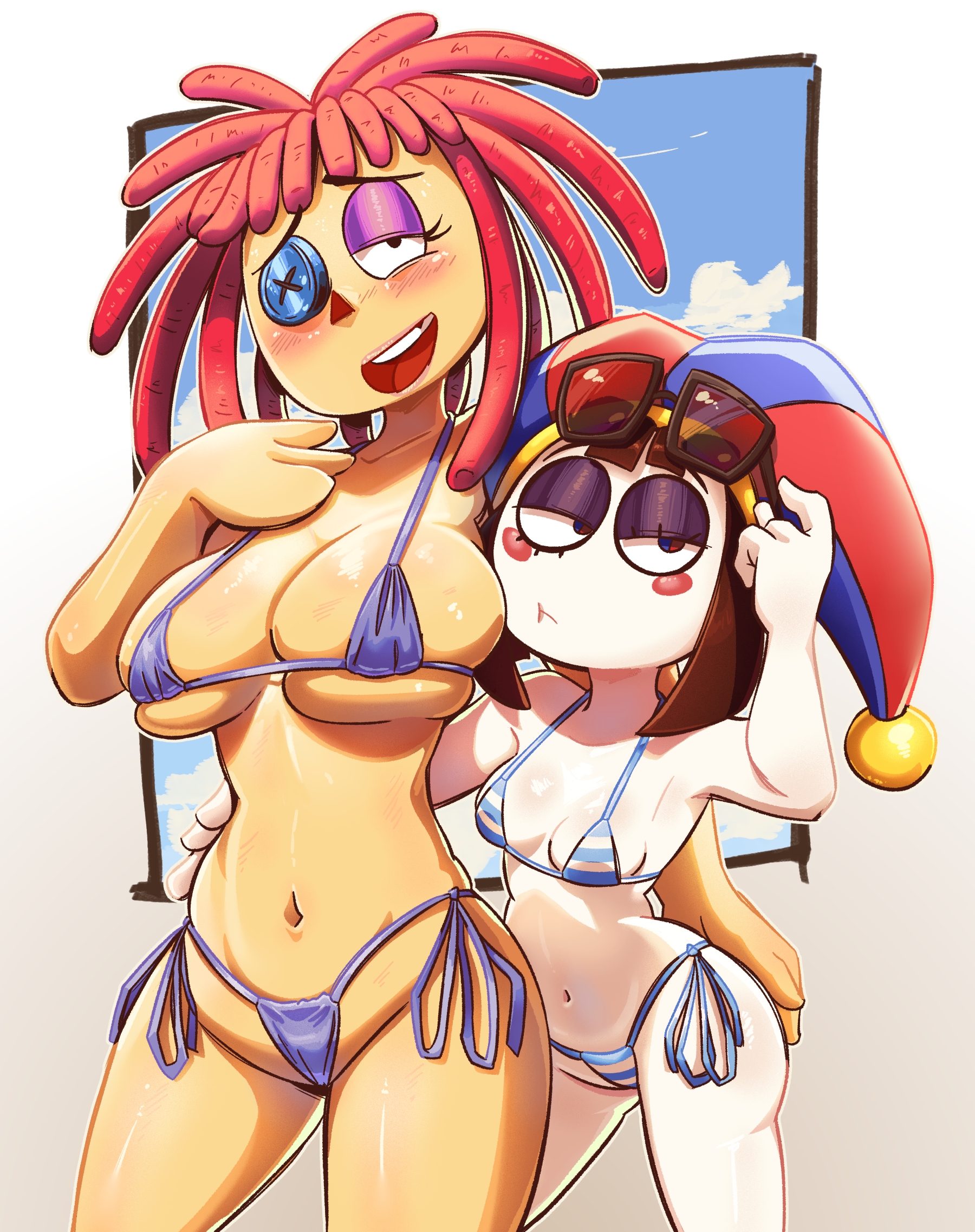 2026, 2girls, big breasts, bikini, blush, breast size difference, breasts, brown hair, brown-haired female, button eye, doll girl, glitch productions, gooseworx, half lidded eyes, half-closed eyes, half-lidded eyes, hand on ass, hand on chest, hand on waist, jester, jester girl, jester hat, jesterdoll, mrralf, pomni, pomni (beach outfit), pomni (tadc), pomni (the amazing digital circus), ragatha, ragatha (beach outfit), ragatha (tadc), ragatha (the amazing digital circus), ragdoll, red hair, red-haired female, small breasts, string bikini, sun (the amazing digital circus), sunglasses, sunglasses on head, tagme, the amazing digital circus, yuri