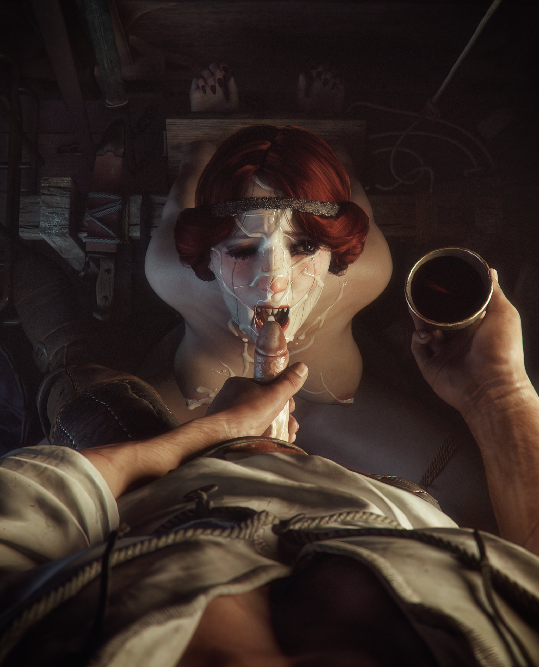 1boy, 1girls, 1monster, 3d, after fellatio, after oral, blood, breasts, captured, captured female, cd projekt red, cum, cum in mouth, cum on breasts, cum on face, female, geralt of rivia, kneeling oral position, light skin, light-skinned female, light-skinned male, male, mascara, monster, nipples, open mouth, orianna (the witcher), penis, playfair3d, red hair, running mascara, runny makeup, the witcher (series), the witcher 3: blood and wine, the witcher 3: wild hunt, vampire