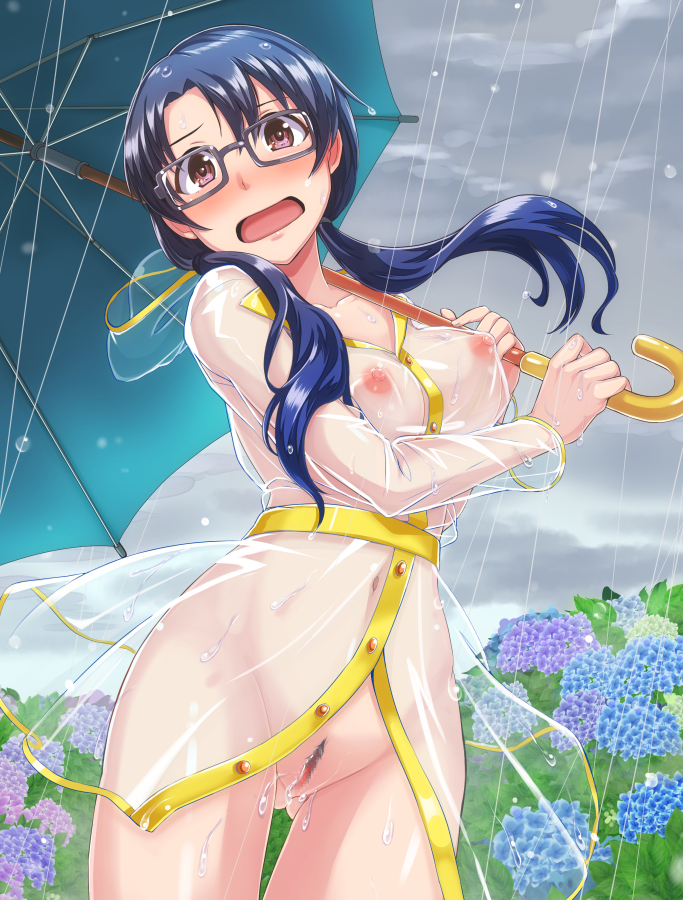 black_hair blush breasts covered_nipples dan_(orange_train) female flower glasses hydrangea idolmaster idolmaster_million_live! long_hair looking_at_viewer low_twintails navel nipples open_mouth pubic_hair pussy rain raincoat red_eyes see-through solo takayama_sayoko tied_hair twintails umbrella