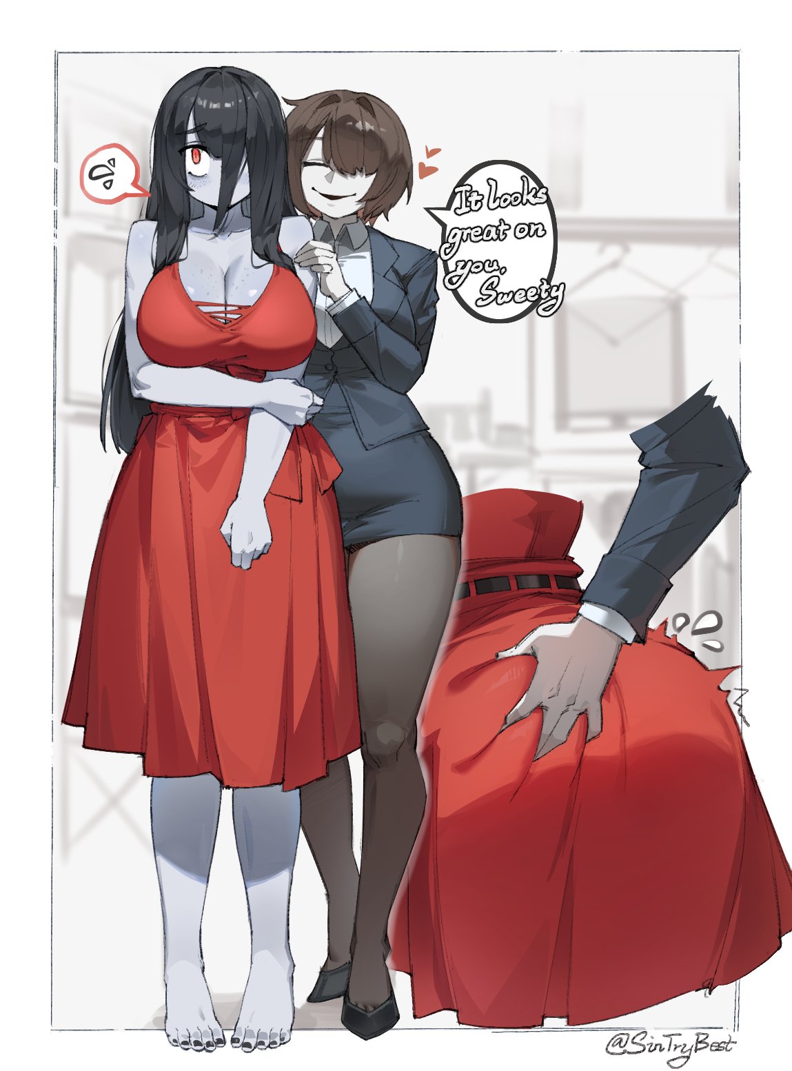 2girls, ass, bangs, barefoot, black hair, black toenails, bob cut, breasts, brown hair, cleavage, dress, english text, female, fondling, freckles, freckles on breasts, ghost, ghost girl, grabbing ass, gray skin, grey skin, groping, groping ass, groping from behind, hair over one eye, heart, hearts, large ass, large breasts, long hair, painted toenails, pantyhose, questionable consent, red dress, red eyes, ringu, sadako yamamura, sexual harassment, sintrybest, smile, speech bubble, the ring, tights, yamamura sadako, yuri