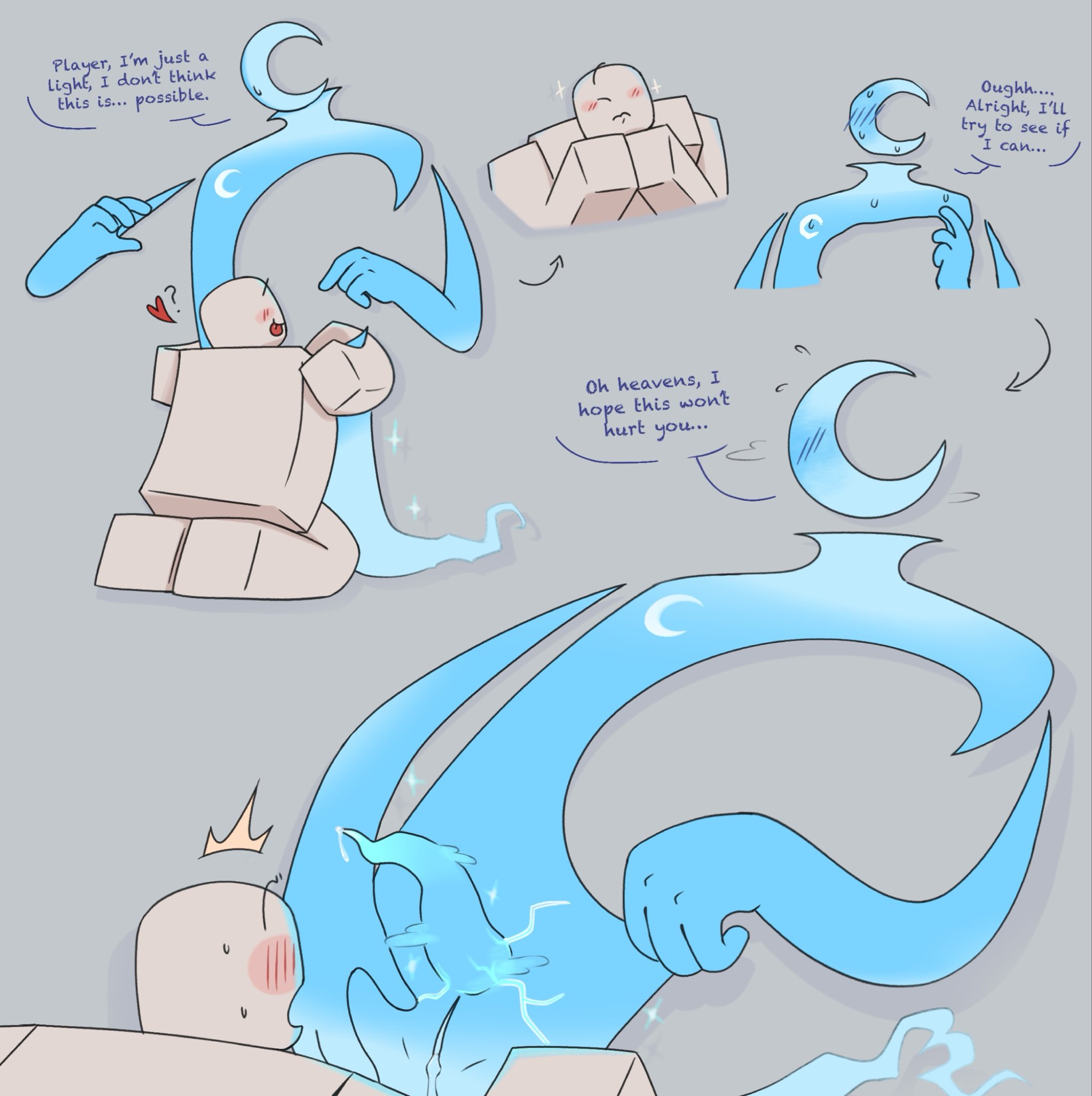 androgynous, artist request, begging, begging for sex, blocky body, blue body, blushing, dialogue, doors (roblox), guiding light (doors), object head, player character, religious, religious eroticism, roblox, roblox game, robloxian, tagme, tagme (artist), tentacle penis, worship