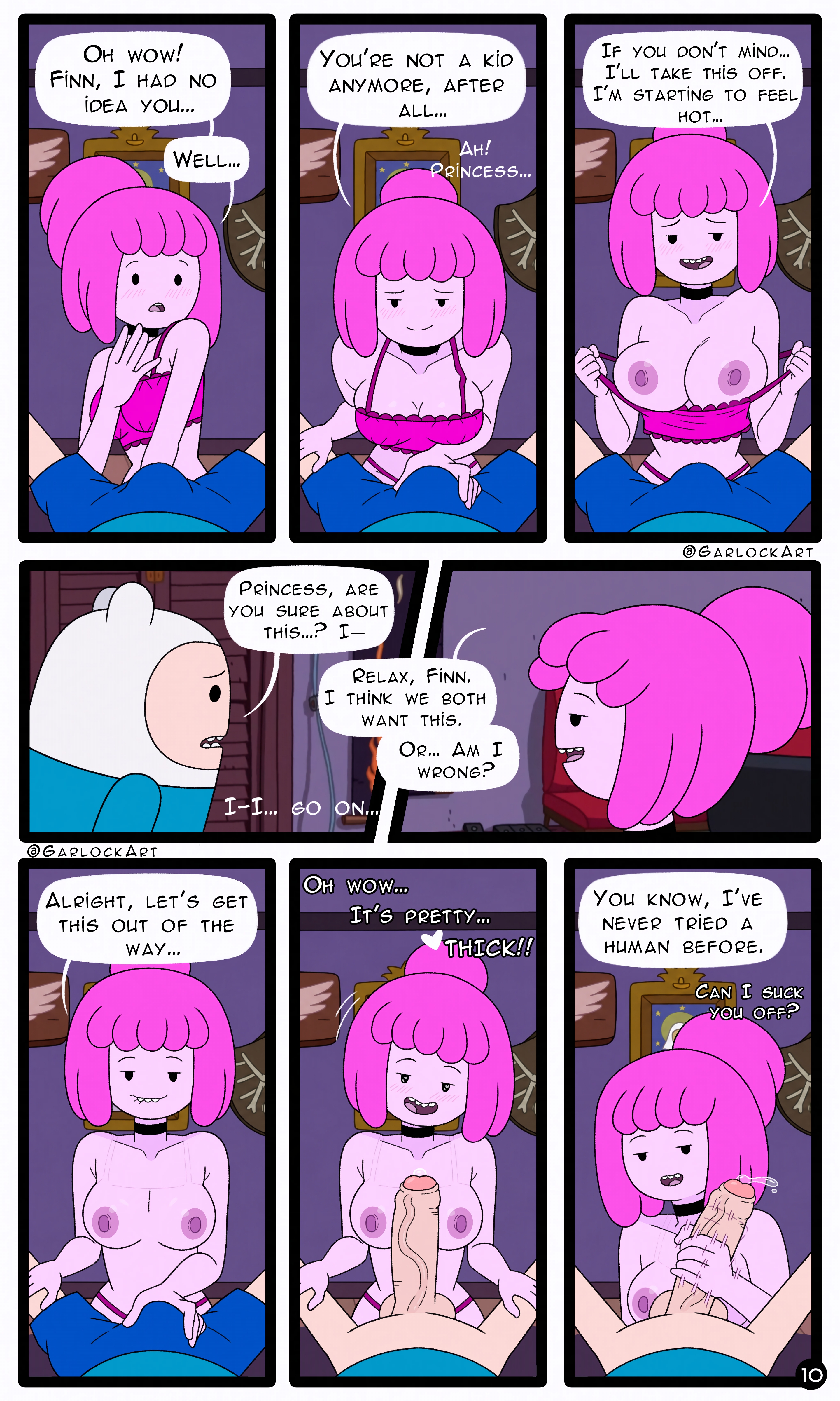 adventure time, breasts, cartoon network, comic, comic page, comic panel, finn the human, garlock, grabbing penis, hbo max, lingerie, masturbation, nipples, princess bubblegum, showing breasts, text bubble, touching penis