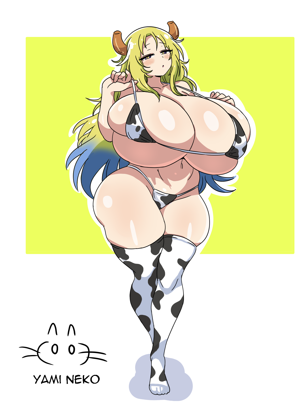 1girls, big boobies, big boobs, big breasts, bikini, bikini bottom, bikini top, blonde hair, bottomwear, breasts, cleavage, cow print, cow print bikini, cow print thighhighs, eduardo31267693, female, female only, gigantic breasts, hair, half-closed eyes, horns, huge breasts, large breasts, legwear, long hair, miss kobayashi's dragon maid, petla, quetzalpetlatl (dragon maid), solo, solo female, swimwear, thighhighs, thighs, topwear, yami neko