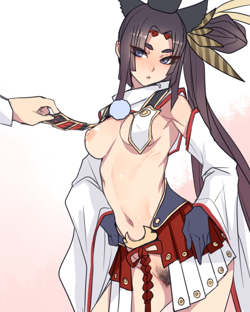 animal_ears armpits ban black_eyes black_gloves black_hair breast_curtain_lift breast_curtains breasts contrapposto cowboy_shot detached_sleeves fate/grand_order fate_(series) female gloves gradient gradient_background hair_ornament hands_on_hips hat highres medium_breasts navel nipples no_panties one_side_up parted_lips pubic_hair puffy_nipples side_ponytail simple_background solo_focus ushiwakamaru_(fate/grand_order)