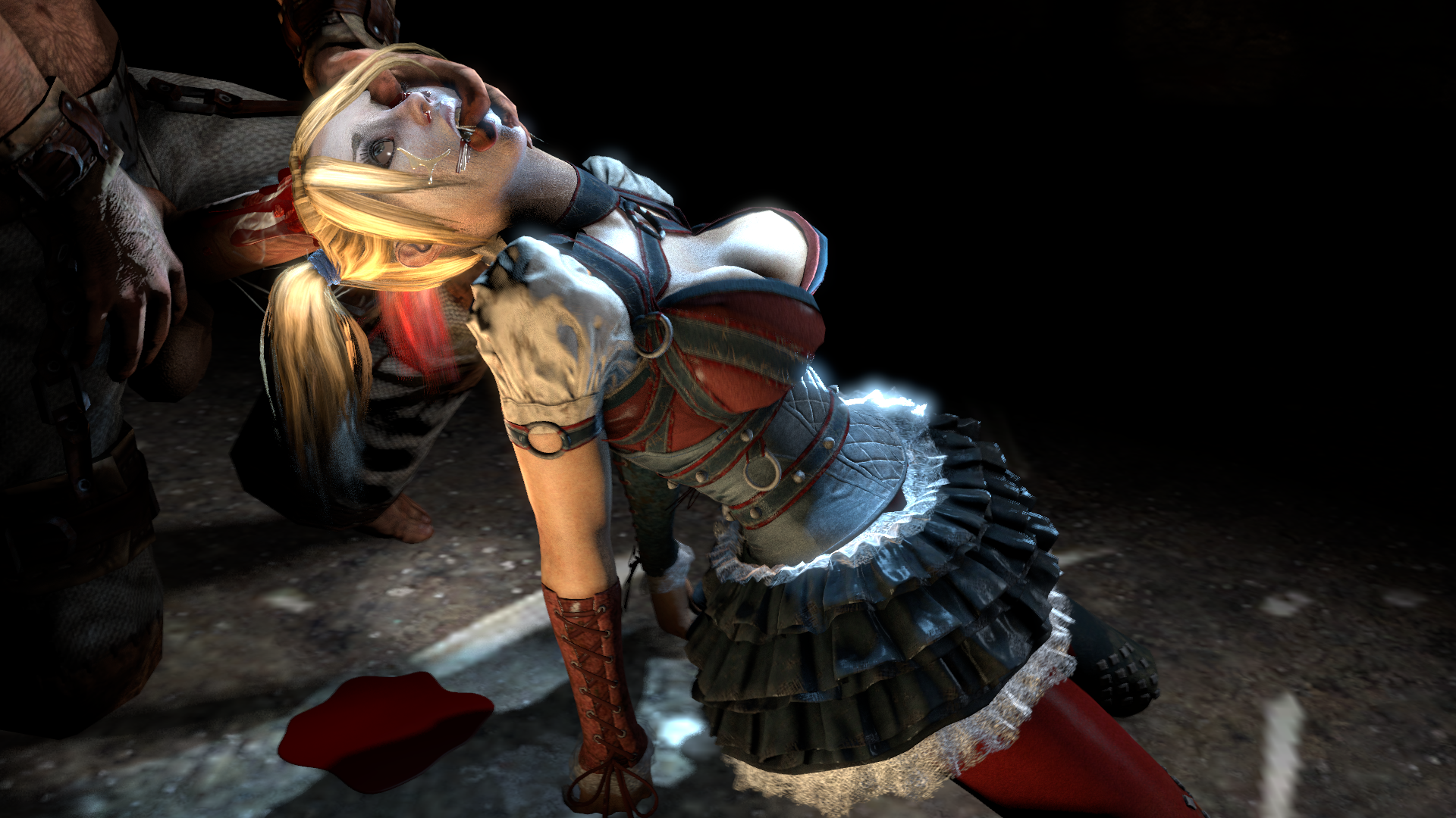 1boy, 1girls, 3d, batman (series), batman: arkham knight, blood, brain fuck, breasts, dc, dc comics, death, eye penetration, female, female death, gore, guro, gurochanop, harley quinn, harley quinn (arkham knight), harley quinn (arkham), head, large breasts, male, necrophilia, penis, skull fucking, straight, tagme