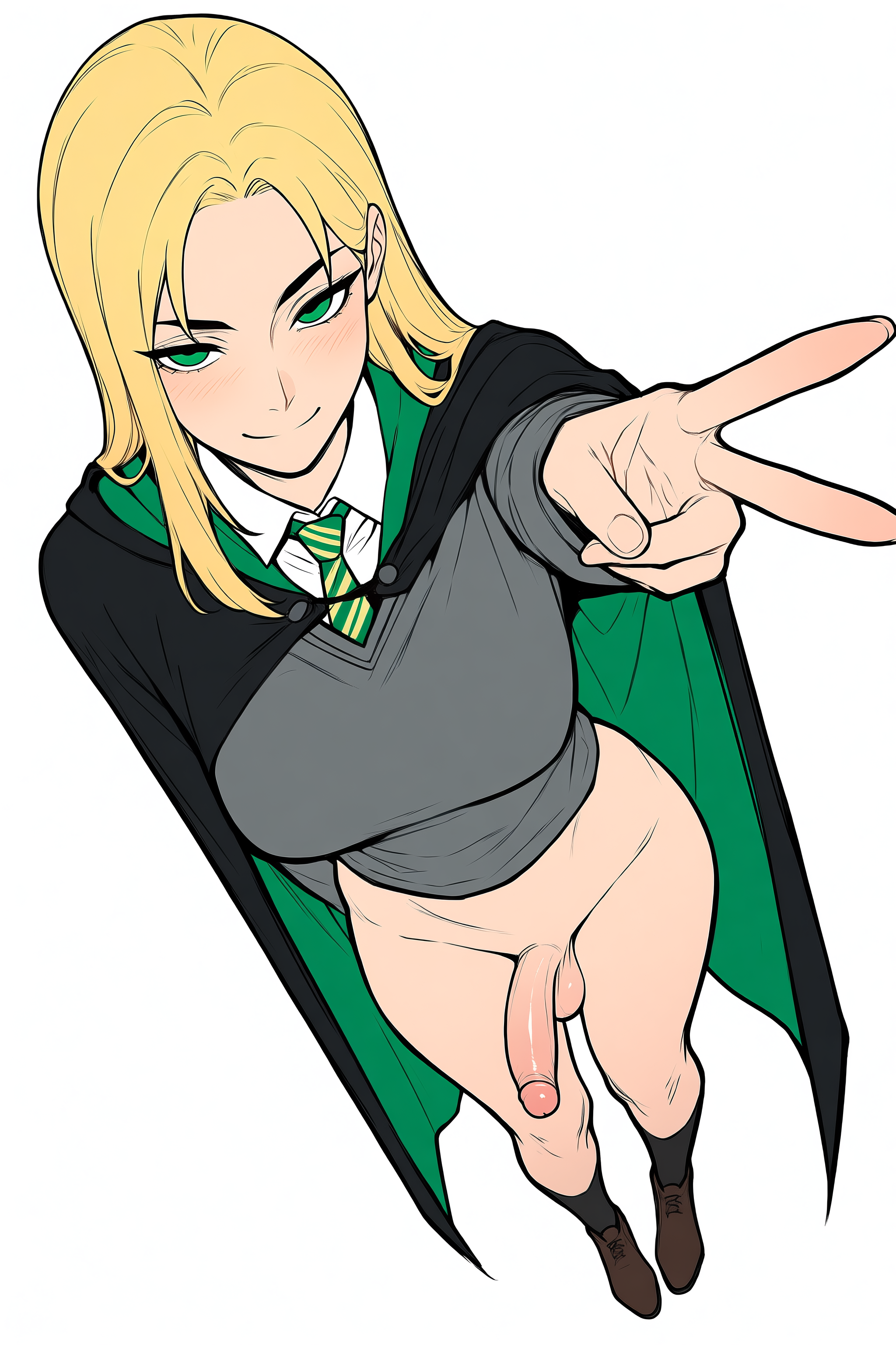 1girl, ai generated, arm behind back, arm up, black cape, black cloak, black socks, blonde hair, blush, bottomless, breasts, brown footwear, cape, cloak, closed mouth, collared shirt, draco malfoy, draco malfoy (redteneri), erection, foreshortening, foreskin, from above, full body, futanari, genderswap, genderswap (mtf), green cape, green eyes, green necktie, grey shirt, grey sweater, half-erect, hand up, harry potter, harry potter (series), large breasts, loafers, long hair, long sleeves, looking at viewer, medium breasts, necktie, noctai, outstretched arm, parted bangs, penis, rule 63, school uniform, shirt, shoes, simple background, smile, socks, solo, standing, striped necktie, sweater, testicles, two-sided cape, two-sided fabric, v, white background, white shirt