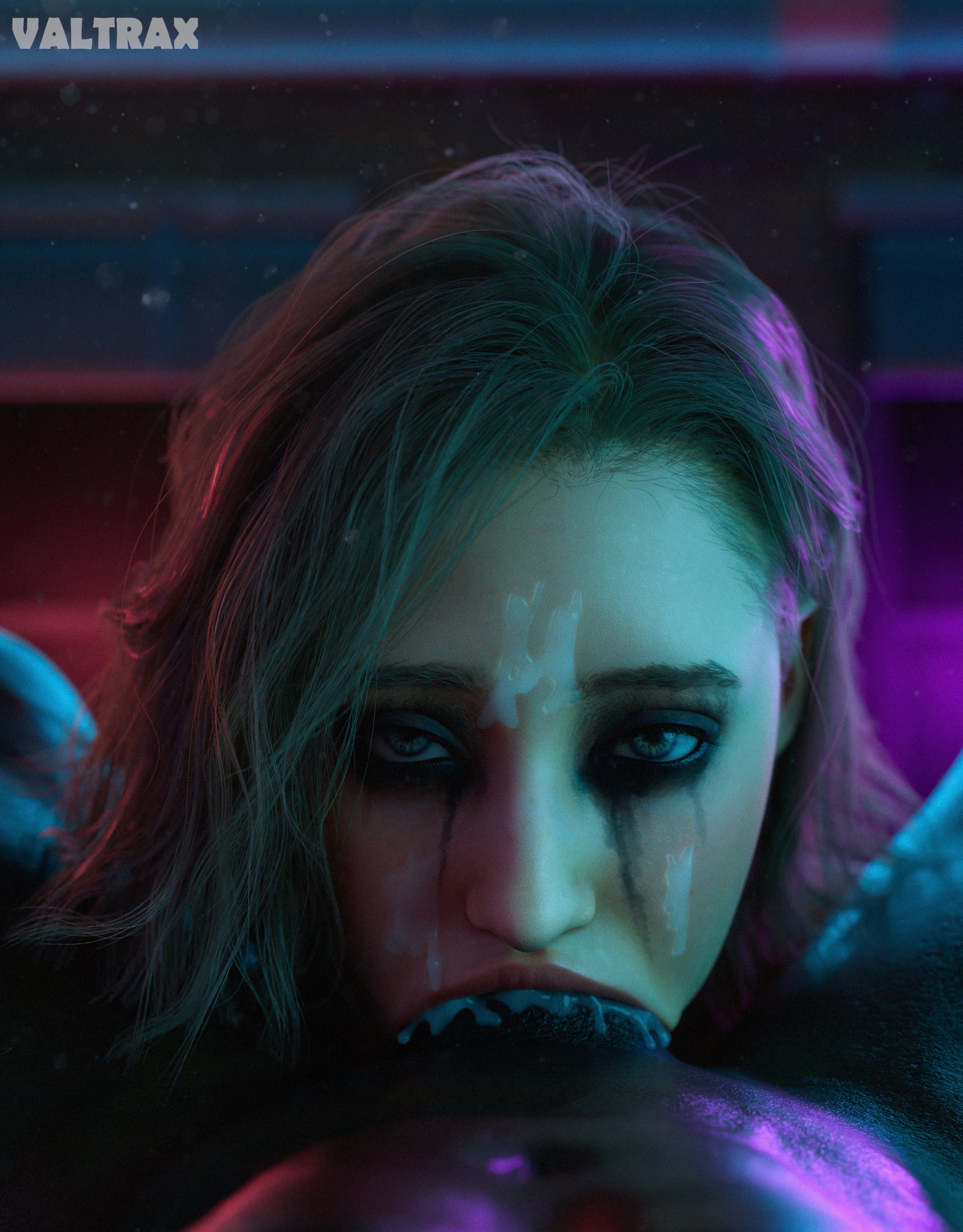 1boy, 1girls, 3d, 3d (artwork), blowjob, cum, deepthroat, fellatio, grace ashcroft, interracial, resident evil, resident evil 9: requiem, runny makeup, runny mascara, valtrax
