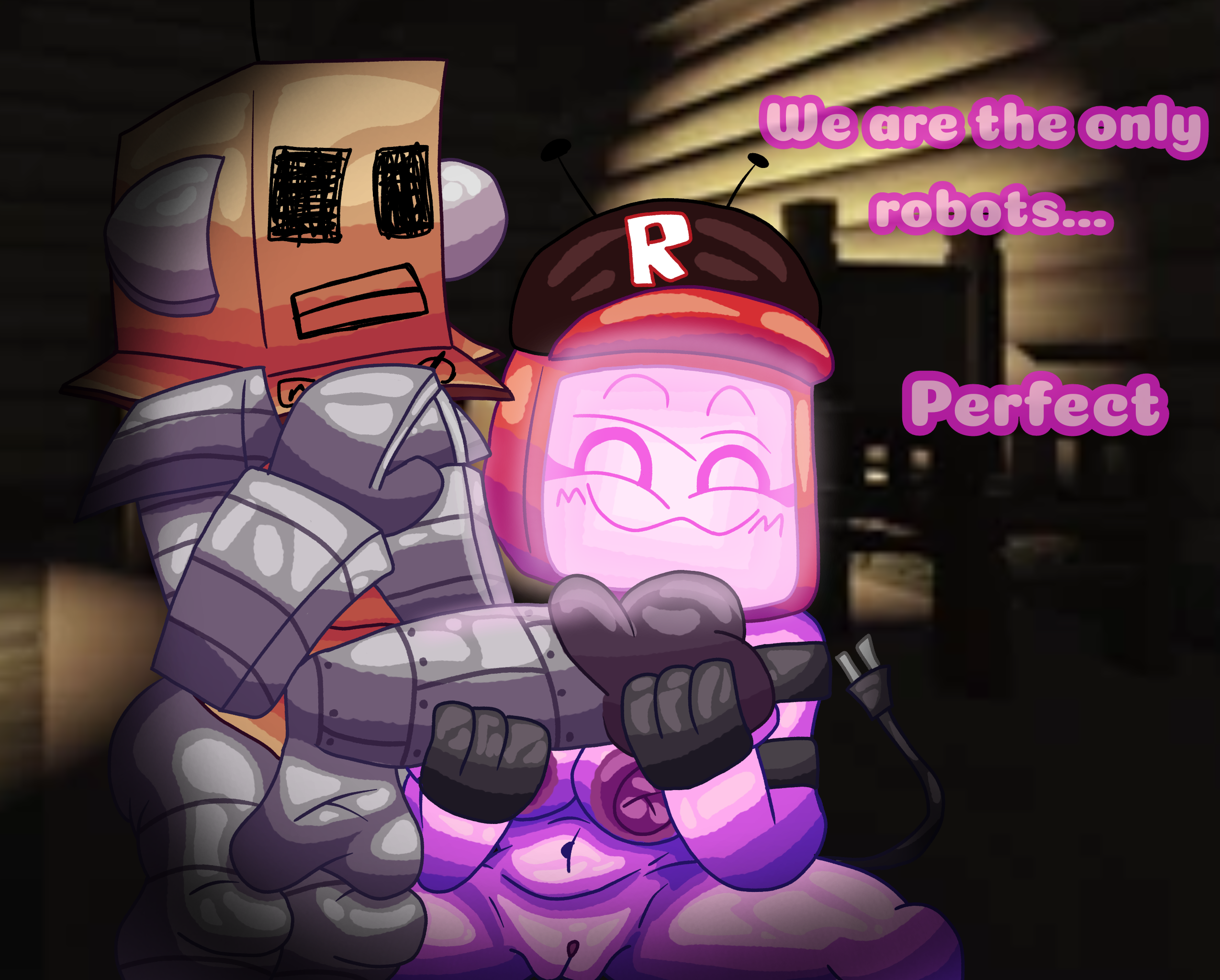 1boy, 1girl, artist404, big penis, dialogue, english text, forsaken (roblox), helperbot, roblox, roblox game, robloxian, robot, self upload, tagme, text, veeronica