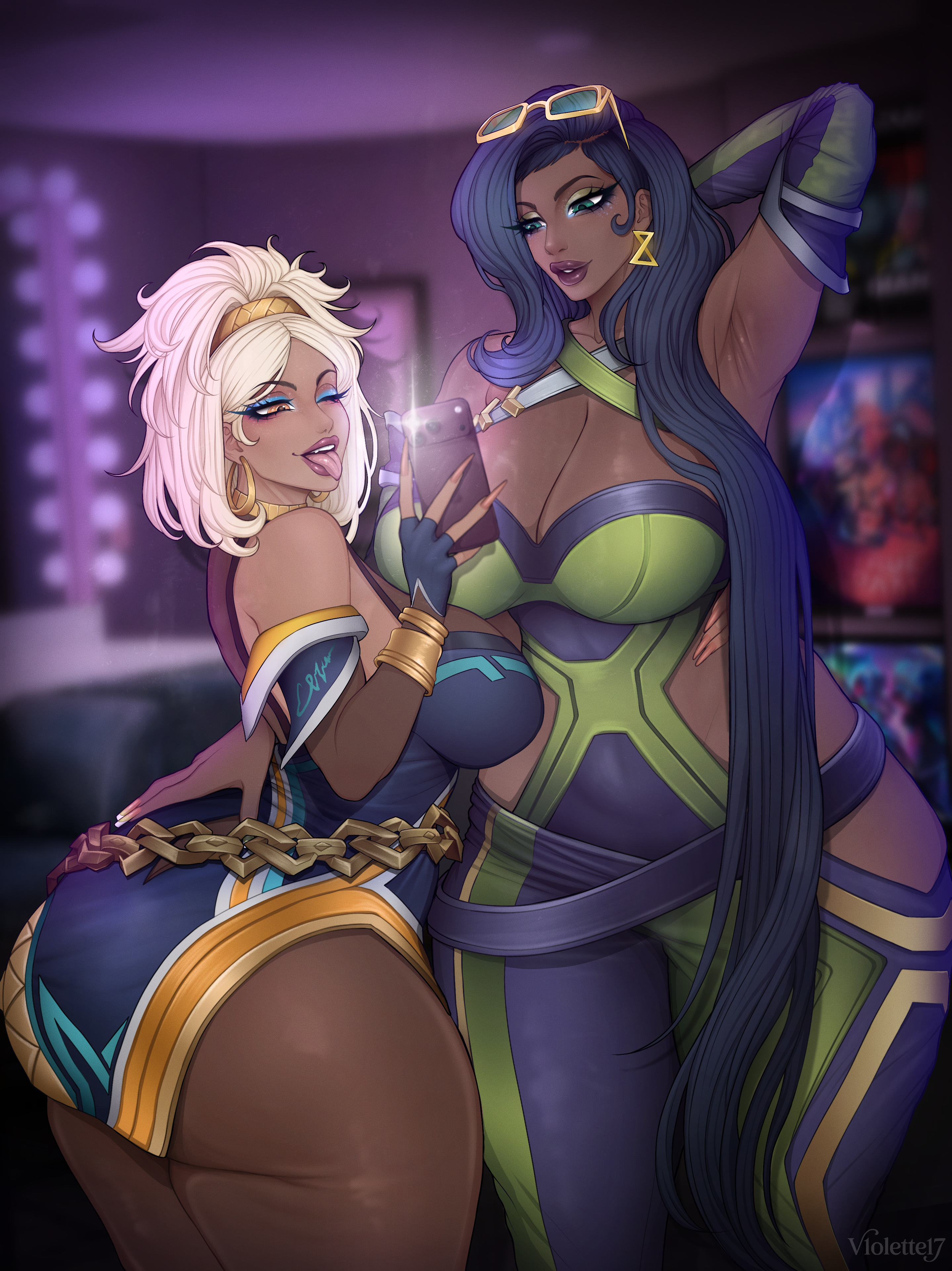 2girls, arm up, armpits, arms behind back, arms up, backstage, big ass, big breasts, big butt, big thighs, blonde female, blonde hair, blonde-haired female, blonde-haired male, clothed, clothed female, clothing, dark skin, dark-skinned female, dress, duo, duo female, duo focus, ear piercing, ear ring, earrings, eyebrows, eyeglasses, eyelashes, eyeshadow, female, female focus, female only, female/female, gloves, hand on ass, hand on hip, league of legends, long hair, make up, makeup, mirror, mirror selfie, qiyana (league of legends), qiyana yunalai, ring, ring piercing, selfie, selfie pose, senna (league of legends), short hair, standing, thick, thick ass, thick butt, thick hips, thick thighs, tongue, tongue out, true damage qiyana, true damage senna, true damage series, v1olette17, viewed from above, viewed from behind, viewed from below, vo1ette