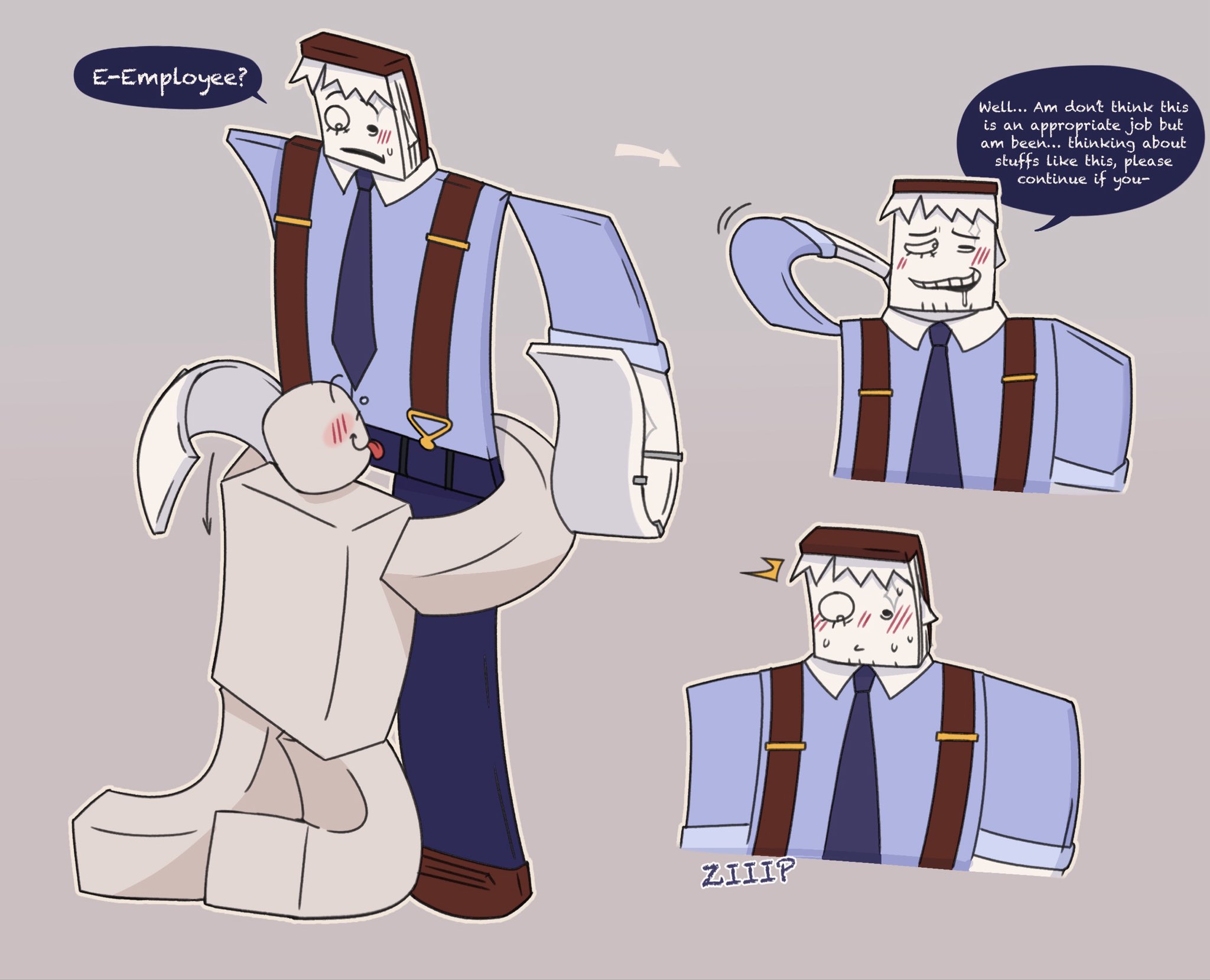 artist request, blush lines, dialogue, doors (roblox), honcho (doors), licking, object head, office clothing, paper, roblox, roblox game, simple background, suspenders, tagme, tie
