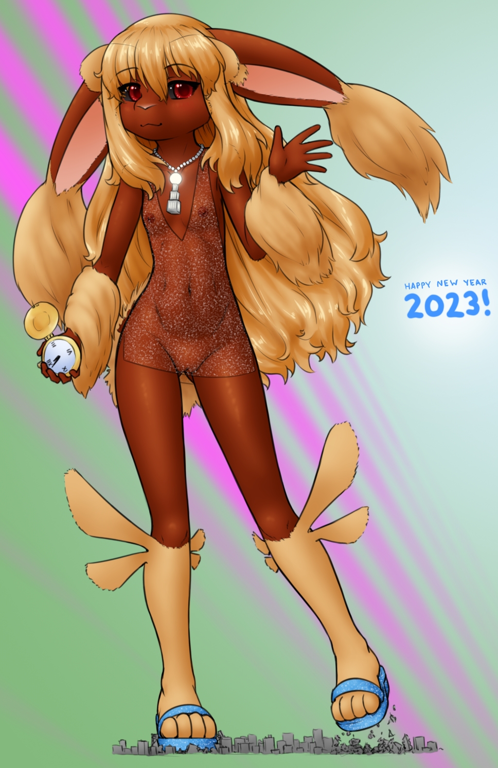 2023 :3 alloyrabbit animal_ears animal_nose ass_visible_through_thighs bangs bead_necklace beads black_sclera blonde_hair blue_footwear blush body_fur brown_fur chinese_zodiac closed_mouth colored_sclera commentary dress english_commentary female flat_chest full_body furry furry_female giant giantess green_background hair_between_eyes hand_up happy happy_new_year highres holding holding_pocket_watch jewelry leg_up legs light_blush long_hair looking_at_viewer lopunny navel necklace new_year nipples no_bra no_panties personification pocket_watch pokemon pokemon_(species) pussy rabbit_ears rabbit_girl red_eyes roman_numeral sandals see-through shiny shiny_hair shiny_skin short_dress side_slit sidelocks sleeveless sleeveless_dress smile solo standing standing_on_one_leg stomach thighs two-tone_fur uncensored very_long_hair watch waving year_of_the_rabbit yellow_fur