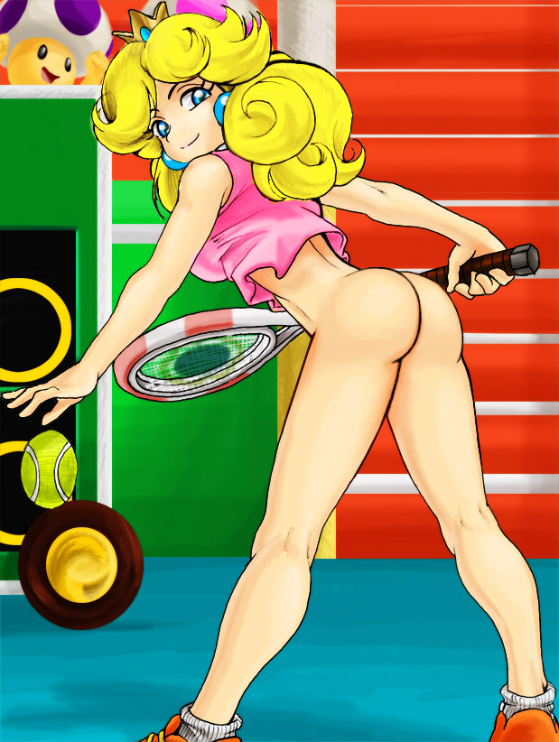 amphibian ass ball bare_shoulders blonde_hair blue_eyes bottomless earrings edit elazuls-core female footwear hair human long_hair looking_back mario_(series) mario_tennis mushroom nintendo princess_peach racket shoes smile socks solo straight_hair tank_top tennis tennis_ball tennis_racket toad_(mario)