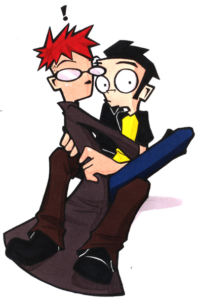 ! 2boys black_hair fully_clothed glasses goatee jhonen_vasquez long_jacket looking_at_viewer male_only red_hair roman_dirge tagme yellow_shirt