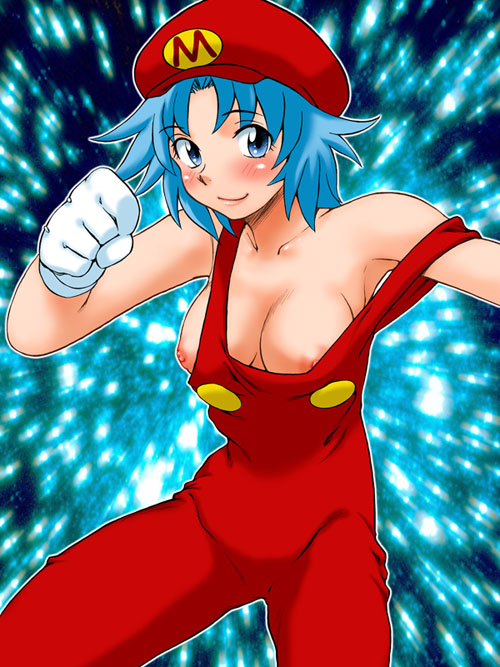 1girls areolae blue_eyes blue_hair blush breasts clothing color erect_nipples female female_only front_view genderswap_(mtf) gloves hat human large_breasts mario mario_(series) nagi_raiun nintendo nipple_slip nipples overalls rule_63 short_hair solo straight_hair suspenders topless topless_overalls